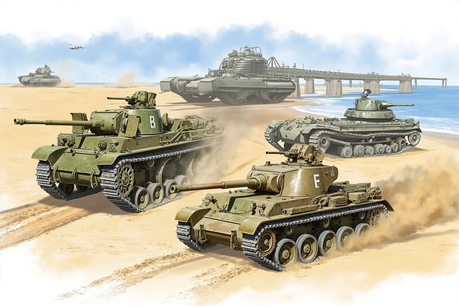 The Turning Point? 20 Facts About the Battle of Normandy 10 Specialized WWII armored vehicles including a flail tank and bridge-laying tank on a sandy beach, detailed technical illustration