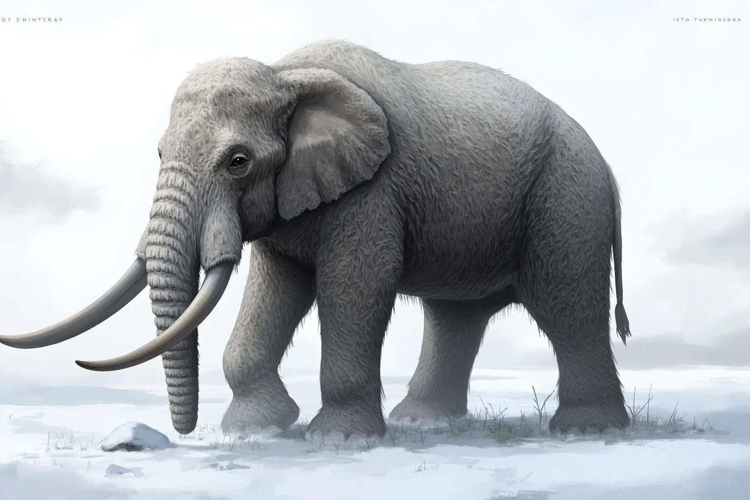 Speculative concept illustration of a shaggy, cold-adapted elephant standing in a snowy landscape, representing de-extinction research.