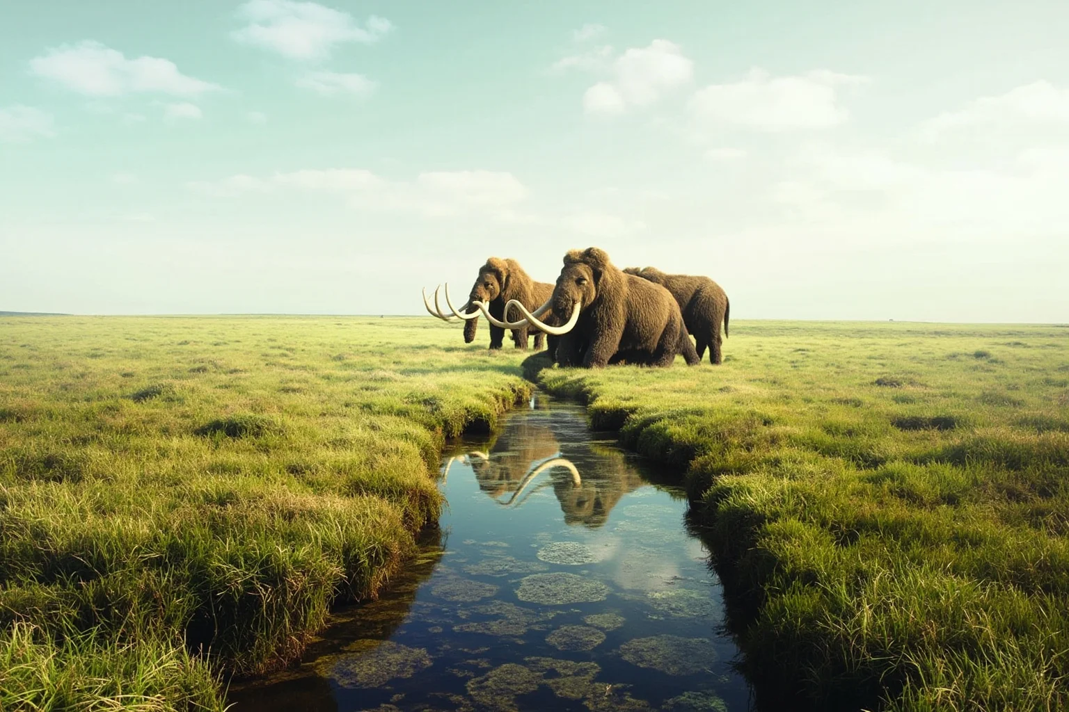 Split illustration contrasting a lush Ice Age mammoth steppe with a shrinking patch of mossy tundra as the climate warms.