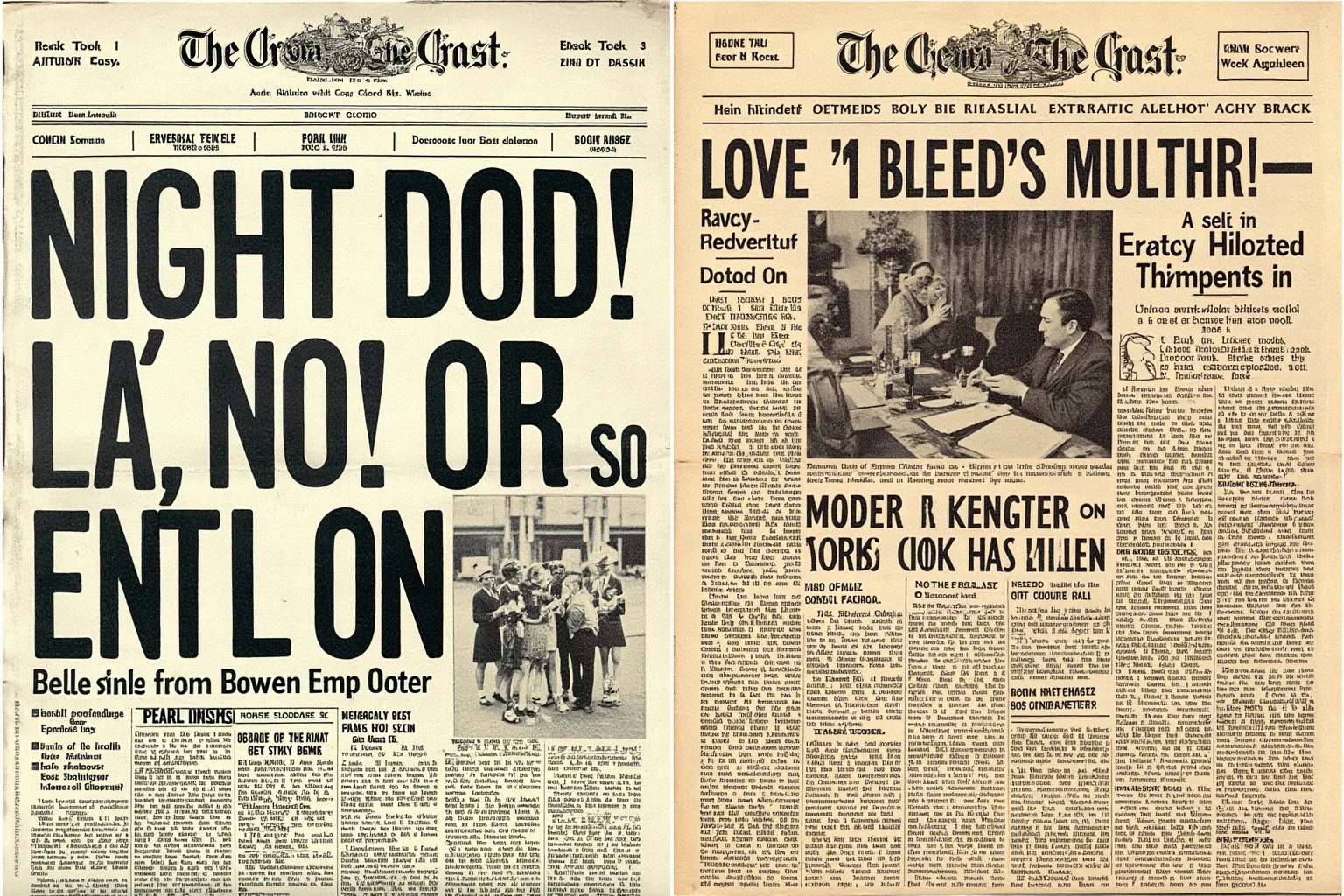 Split illustration contrasting British and American spelling of Pearl Harbor on vintage newspaper headlines, historical collage style