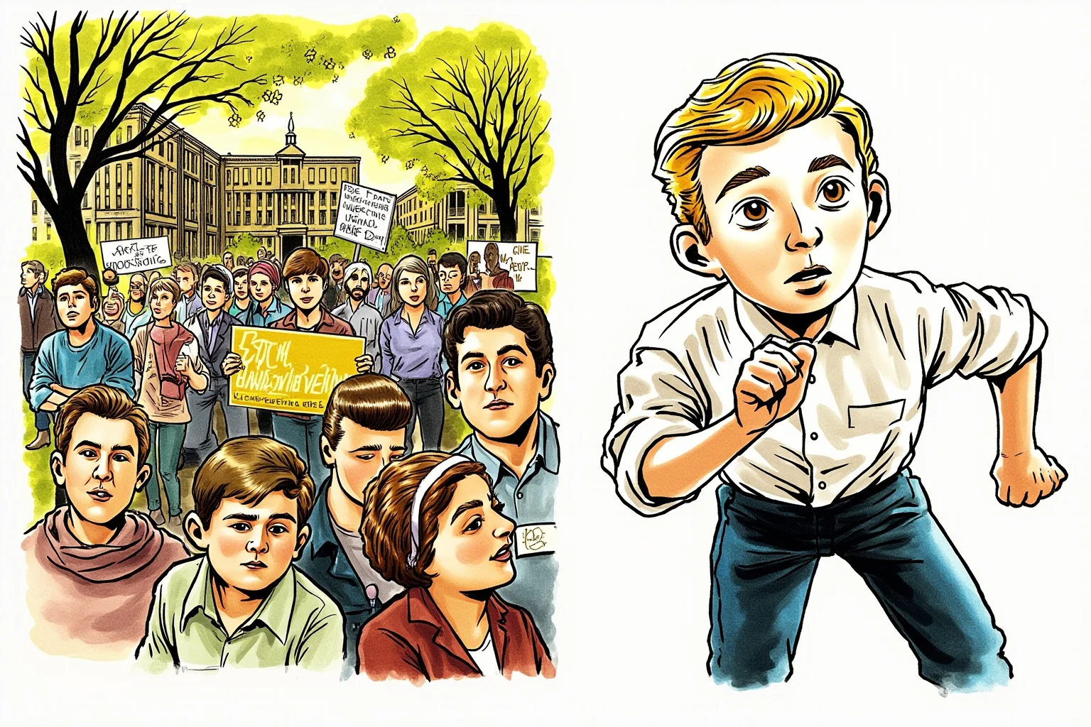 Split illustration of 1960s protesters on a campus on one side and a clean-cut young worker on the other, showing diverse youth views