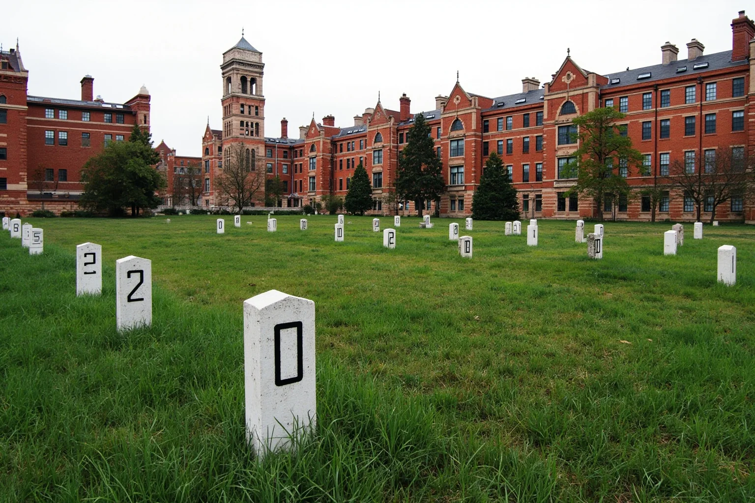 Sprawling southern asylum campus with red brick wards and a water tower, numbered grave markers in foreground grass, no people, photorealistic.