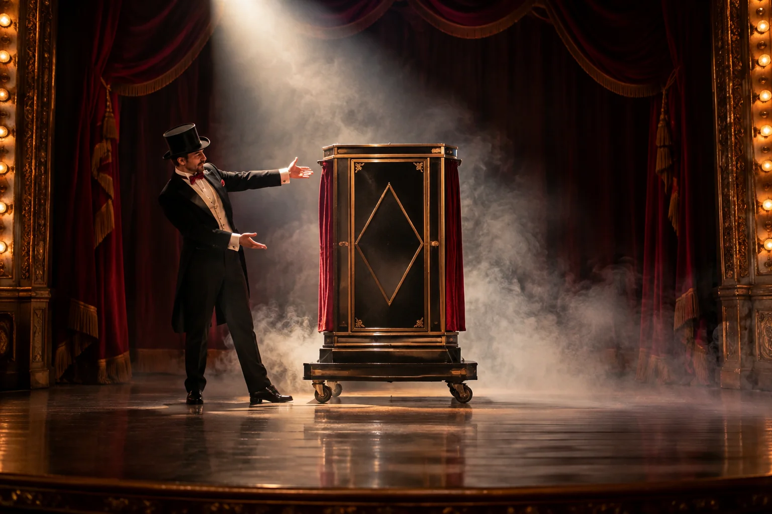 Stage magician's disappearing cabinet on a vintage theater stage, spotlight and smoke, old-time entertainment aesthetic