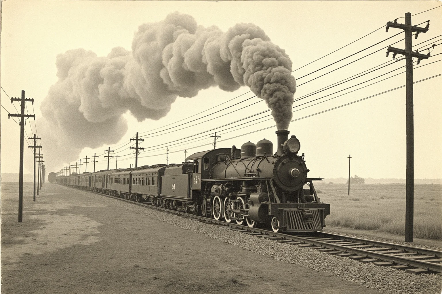 Charles Farrar Browne: America's First Stand-Up Comedian 7 Steam train and telegraph poles crossing a 19th-century American landscape, symbolizing the lecture touring circuit, muted historical illustration style