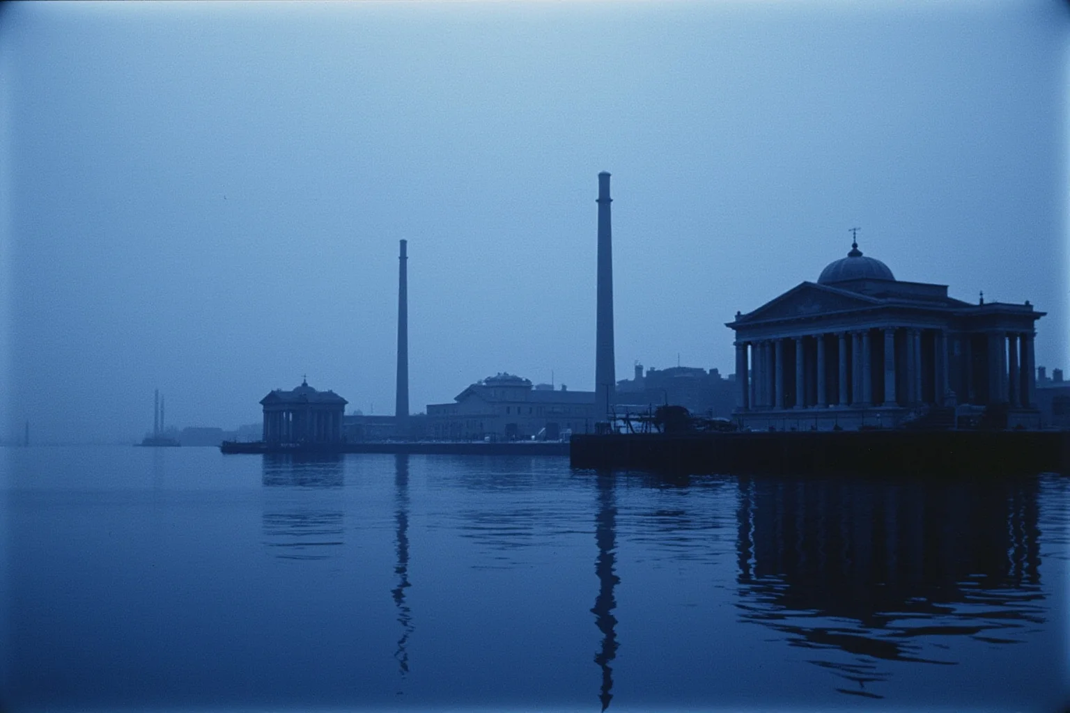 Old Money: 24 Hidden Dynasties That Shaped the Course of History 13 Stockholm's waterfront in the early 20th century with industrial chimneys and a neoclassical bank building, cold blue light, no identifiable figures, atmospheric period photography.