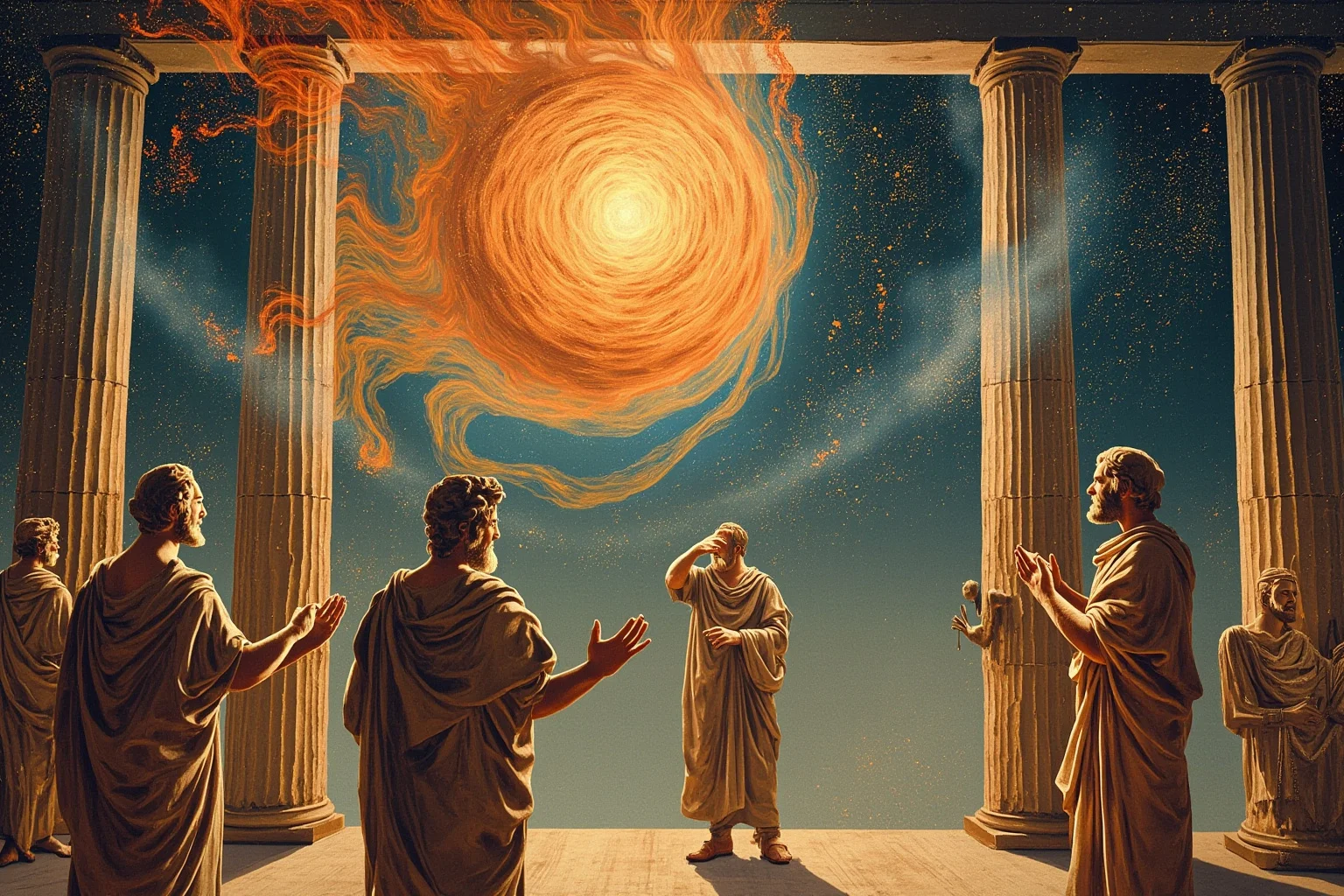 Stoic cosmos as a living organism held by pneuma, swirling breath and fire, Greek philosophers in a colonnade, symbolic illustration, no recognizable faces.