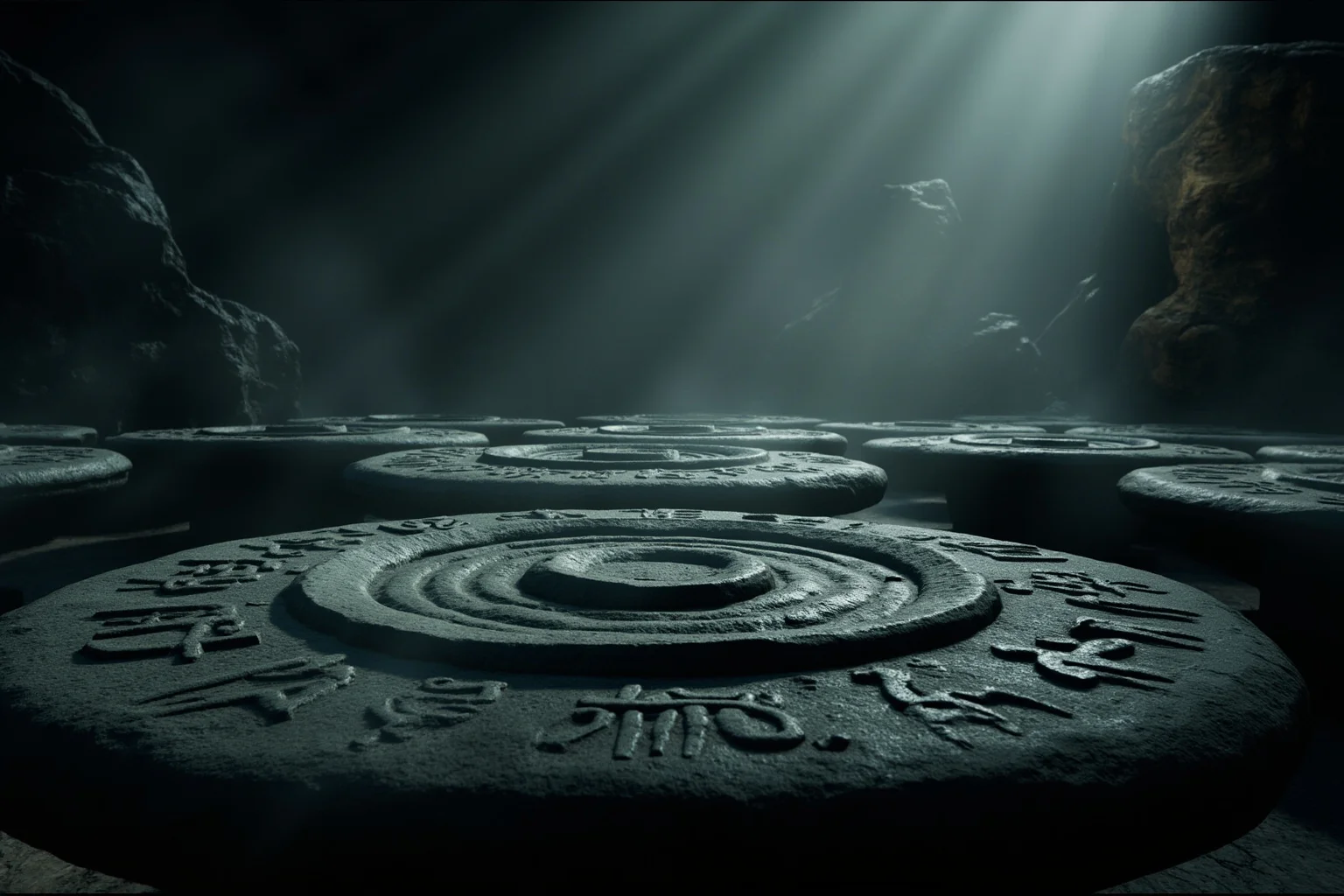 Stone discs with spiral grooves and tiny hieroglyphs, Chinese cave setting, mysterious atmosphere, photorealistic