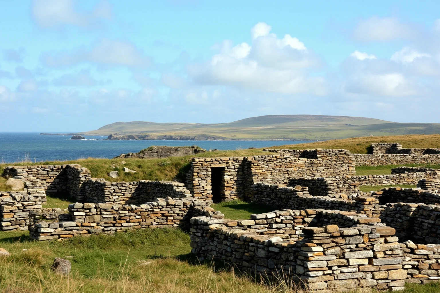 22 Oldest Monuments Found Around the World 7 Stone Neolithic houses at Knap of Howar on Orkney island, showing ancient drystone walls against a coastal backdrop