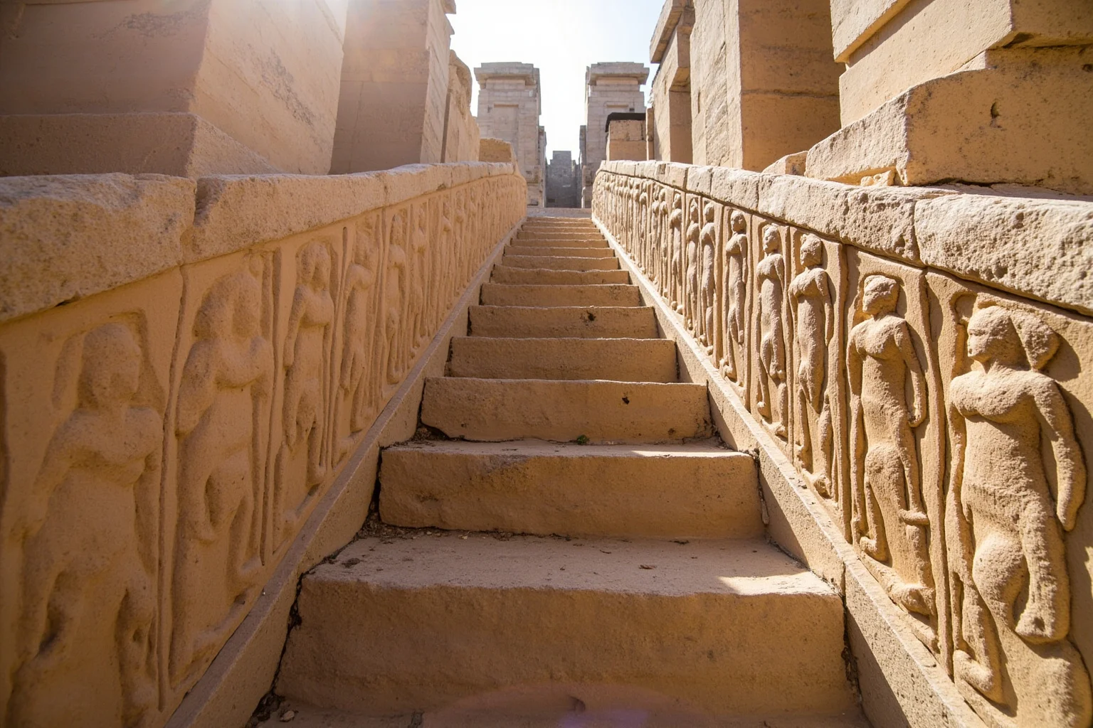 Stone reliefs of tribute bearers on the Apadana staircase at Persepolis, low afternoon light across ancient masonry