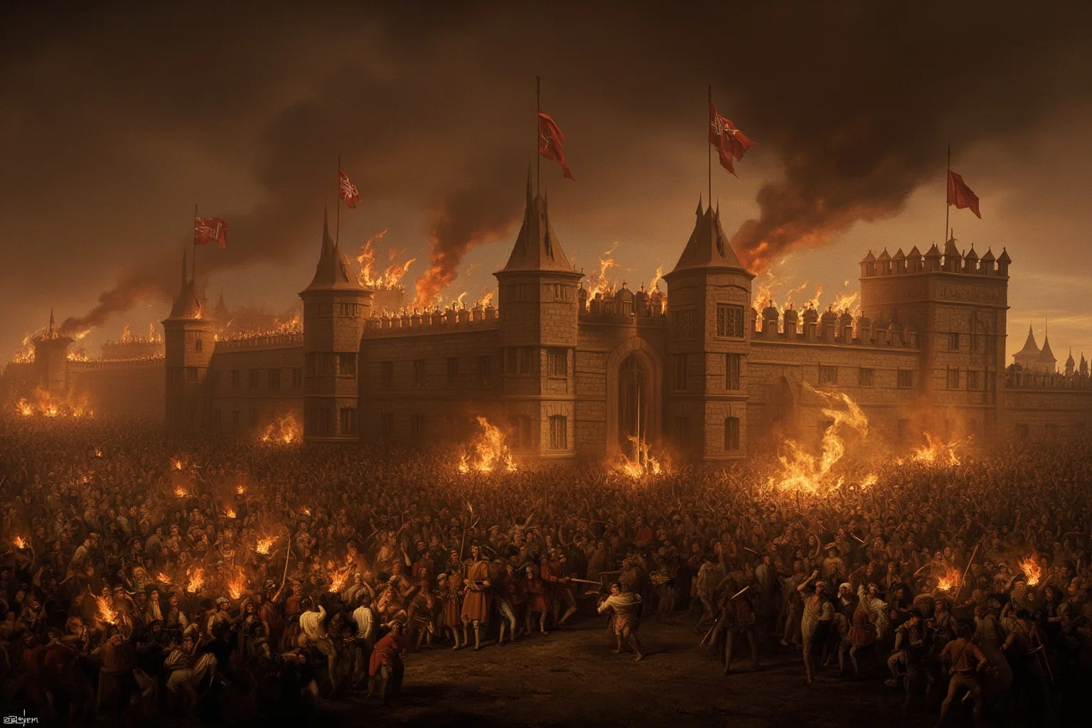 21 Times Governments Were Overthrown by the People 4 Storming of the Bastille in 1789 Paris, angry crowd with torches, medieval fortress, smoky dramatic lighting, historical painting.