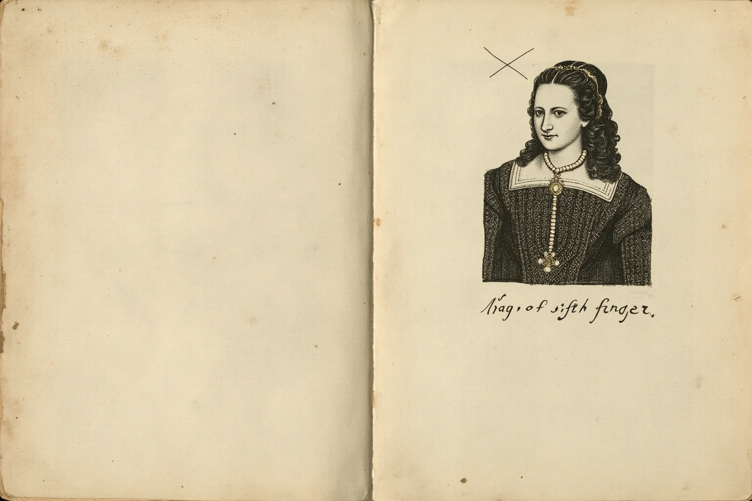 20 Facts About Anne Boleyn: Myths, History and Real Life 6 Stylized 16th-century portrait-style illustration of a dark-haired woman in Tudor dress with a pearl necklace, with a crossed-out tiny sixth finger doodle in the margin