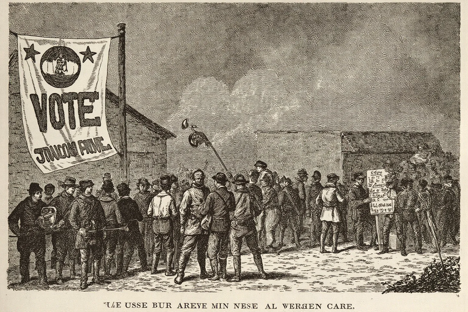 Stylized 1830s illustration of a crowd of ordinary citizens lining up to vote at a rustic polling place, with a bold populist banner and a dramatic stormy sky
