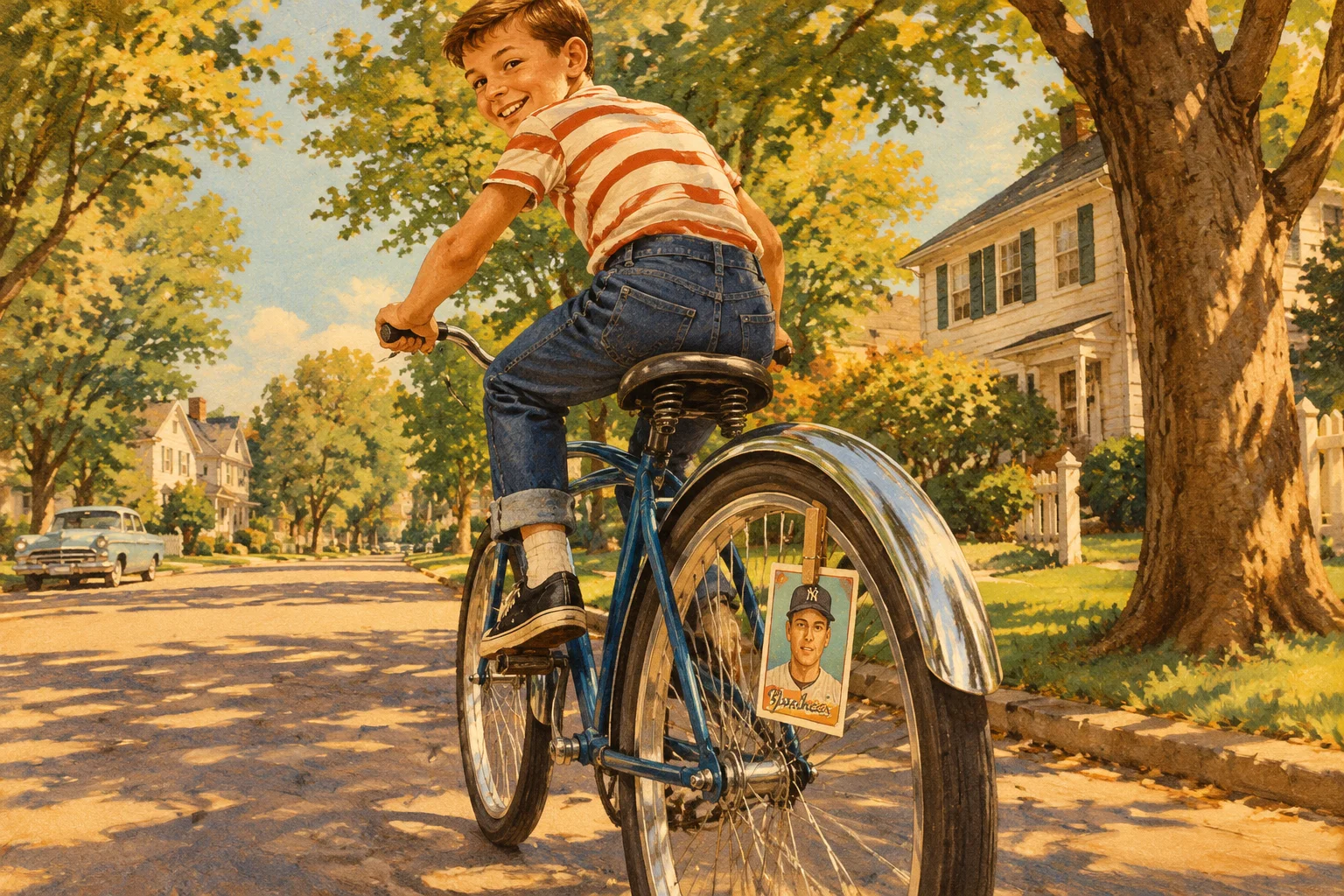 Stylized 1960s illustration of a boy on a bicycle with a baseball card clipped to the spokes, leafy suburban street, warm nostalgic tones.