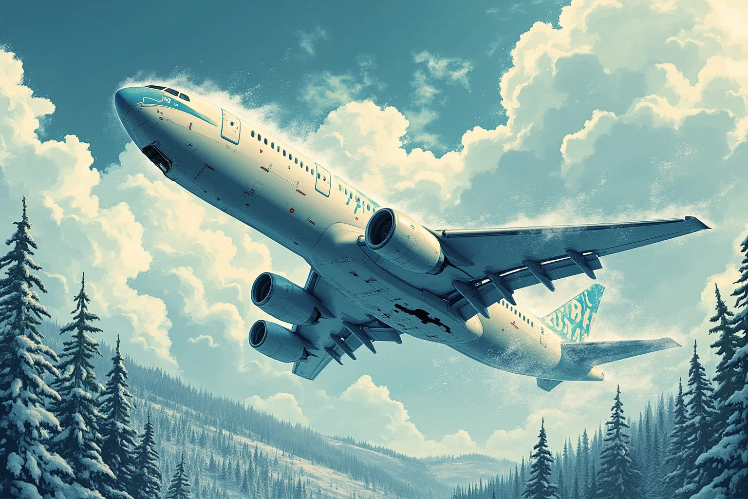 Stylized illustration of an airplane fuselage section tumbling through clouds above snowy winter forest, dramatic but non-graphic