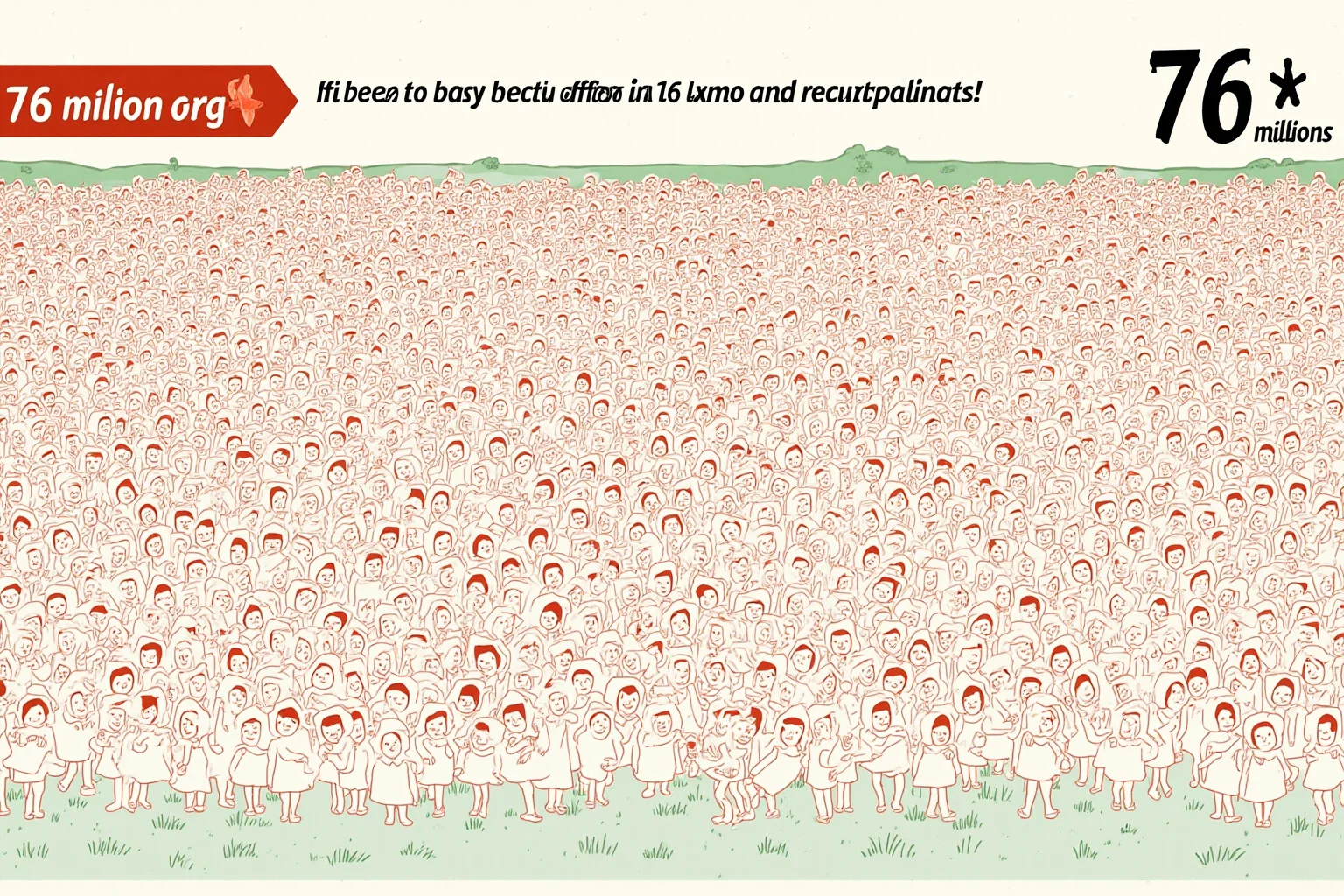 Stylized infographic-style illustration of a huge crowd of babies in mid-century bonnets filling a landscape, symbolizing 76 million births