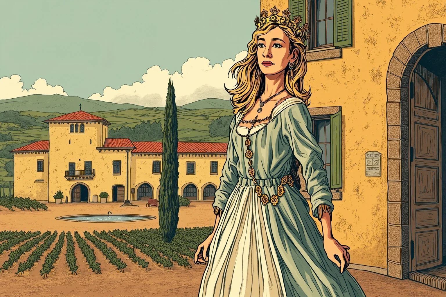 Stylized portrait-style illustration of a medieval queen in a flowing gown and crown, standing in a southwestern French castle courtyard with vineyards in the background