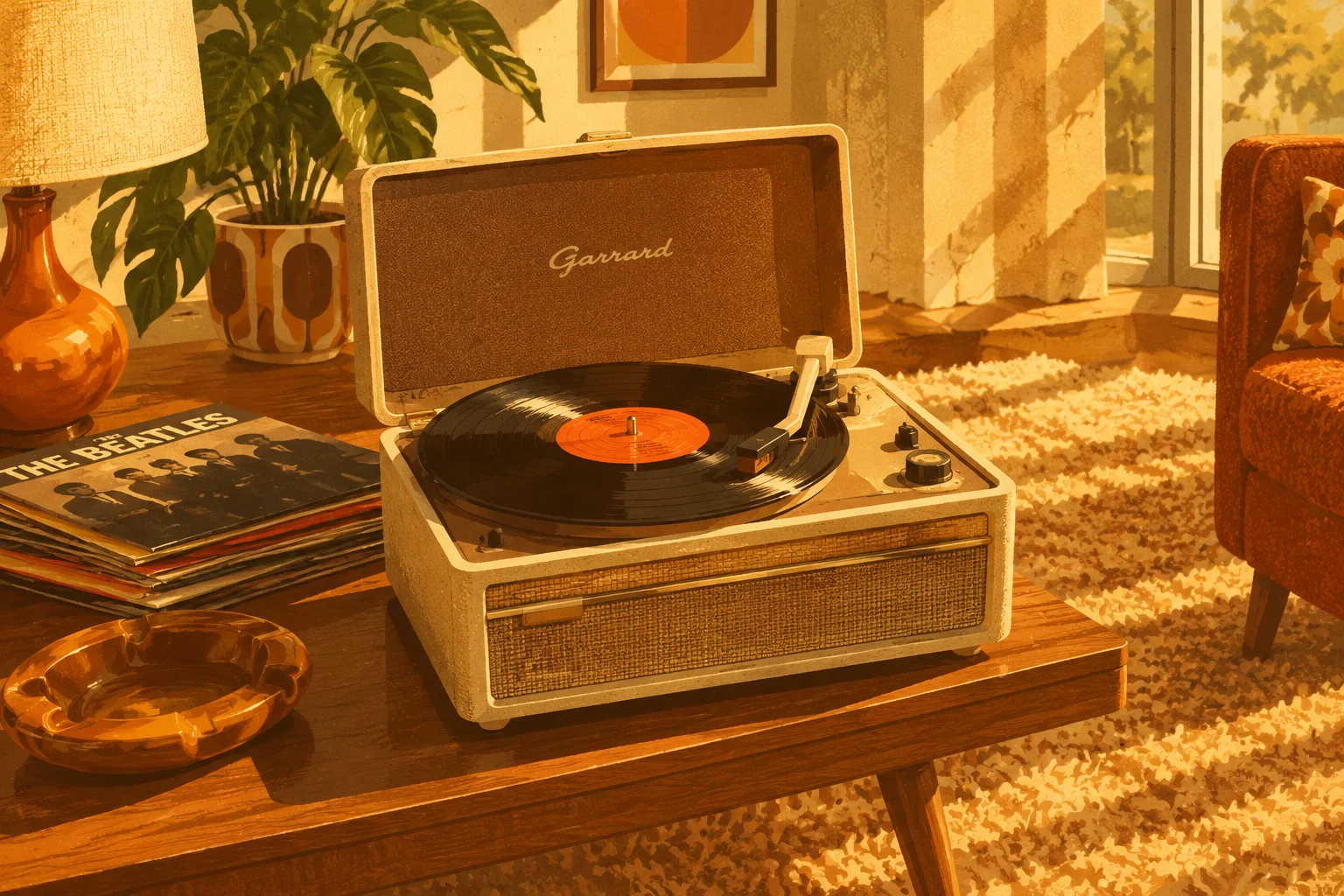 Stylized retro illustration of a 1960s record player spinning a vinyl single in a sunlit living room with shag carpet, warm amber tones.