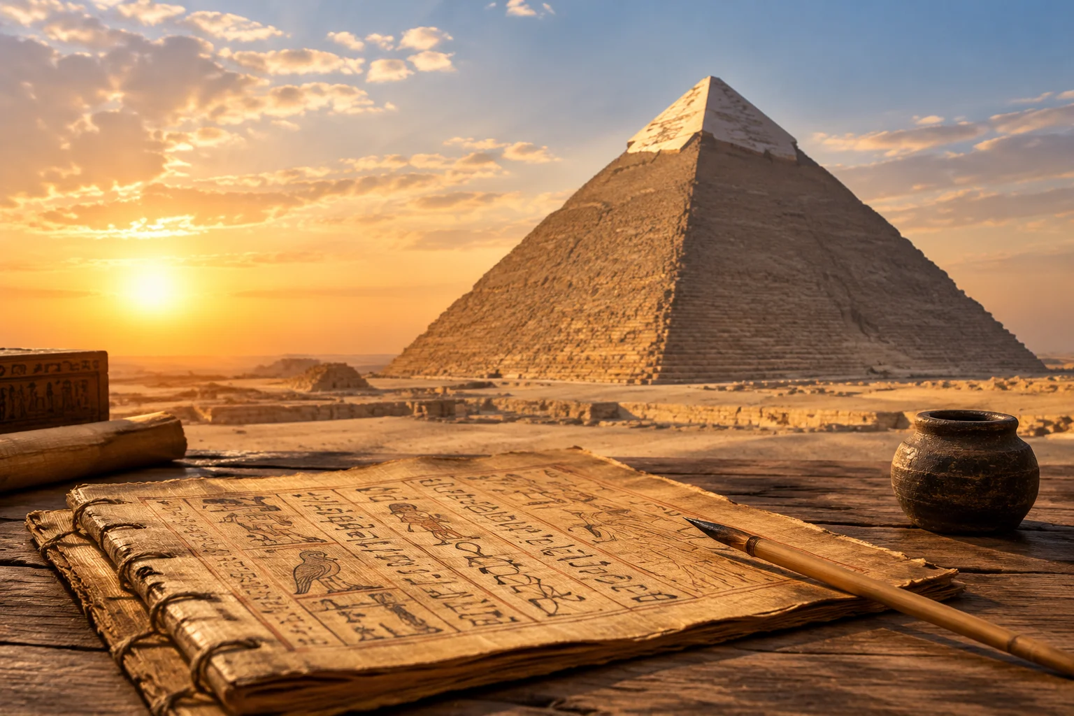 23 Historical Finds That Reveal Advanced Ancient Civilizations 2 Sunrise view of the Great Pyramid of Giza with casing stones visible near the apex, an ancient Egyptian papyrus logbook and reed pen resting on a wooden table in the foreground, warm desert light, no people.