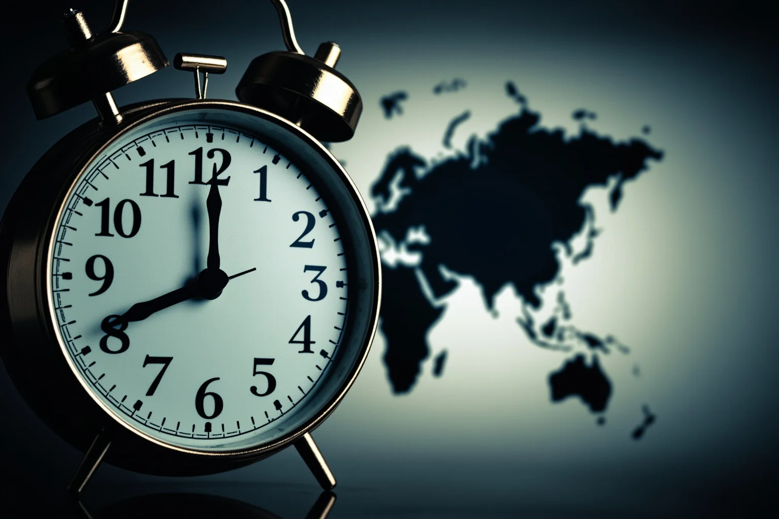 Symbolic doomsday clock face nearing midnight with a blurred world map behind it, tense editorial illustration