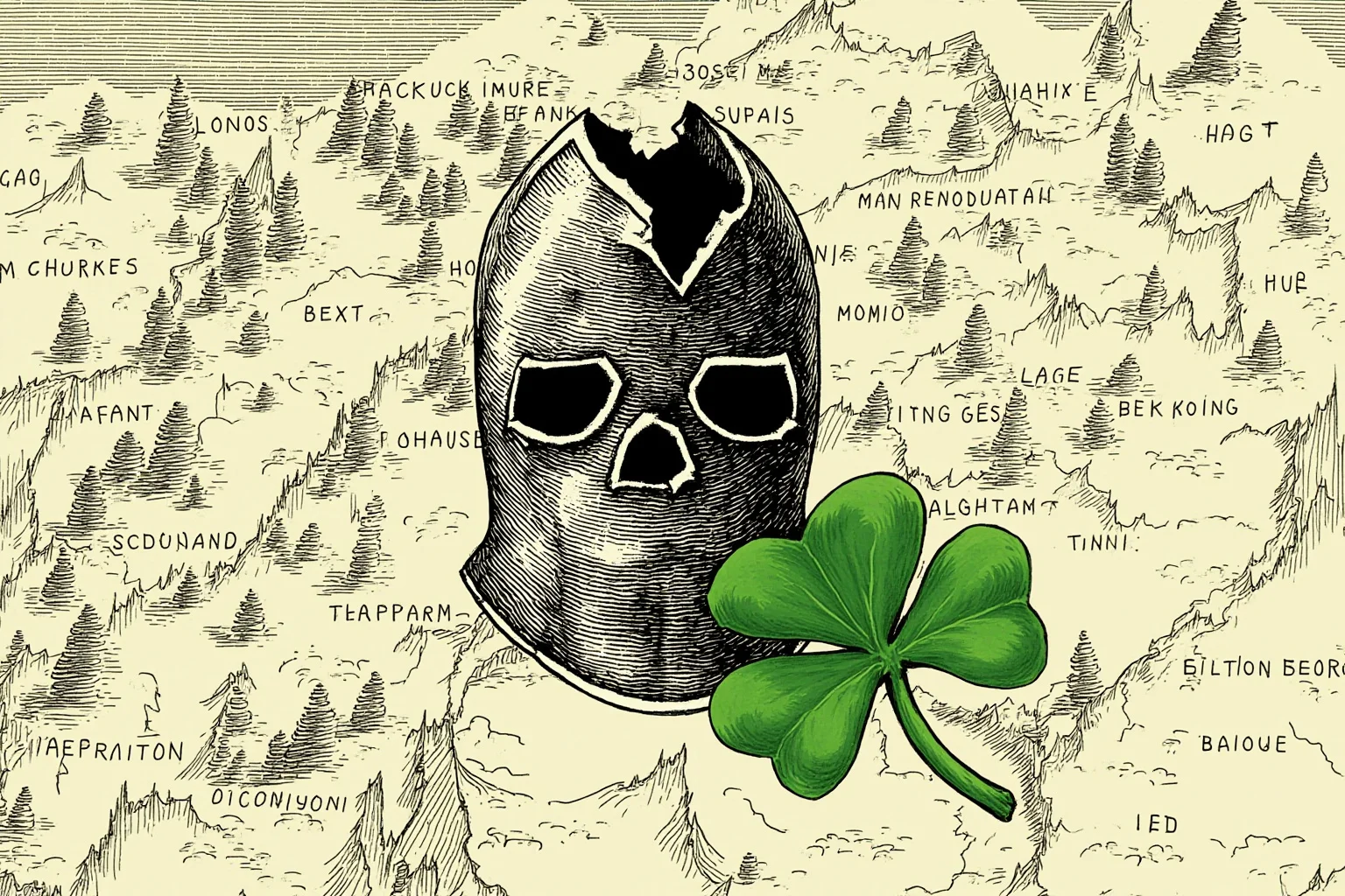 Symbolic illustration of a fragile cracked helmet and a four-leaf clover on a battlefield map, representing luck rather than invincibility