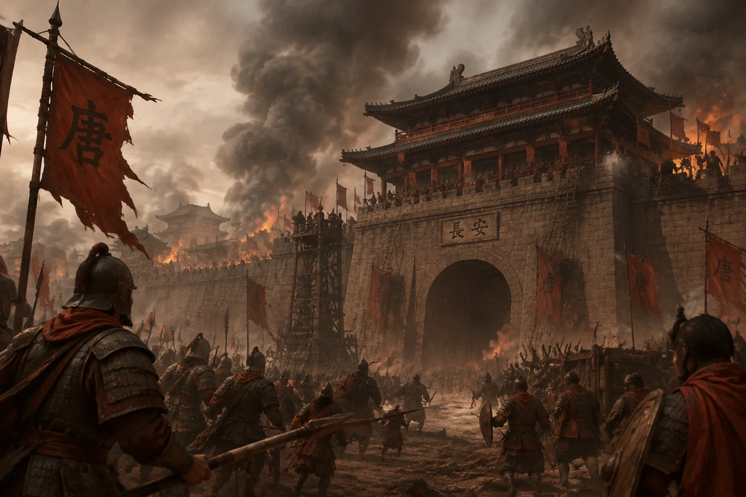 The Single Worst Time Period in Human History? What the Evidence Actually Shows 22 Tang dynasty Chinese city gate during the An Lushan Rebellion, soldiers and smoke, muted reds and browns.