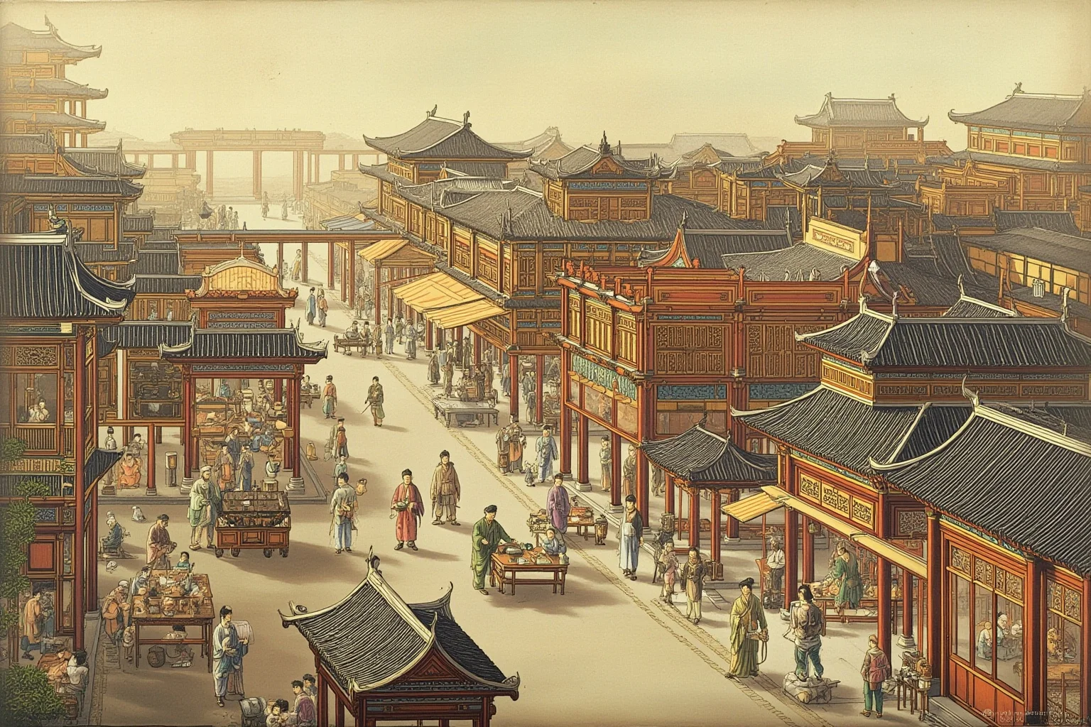 Tang Dynasty era Chang'an cityscape with multicultural market scene and traditional Chinese architecture