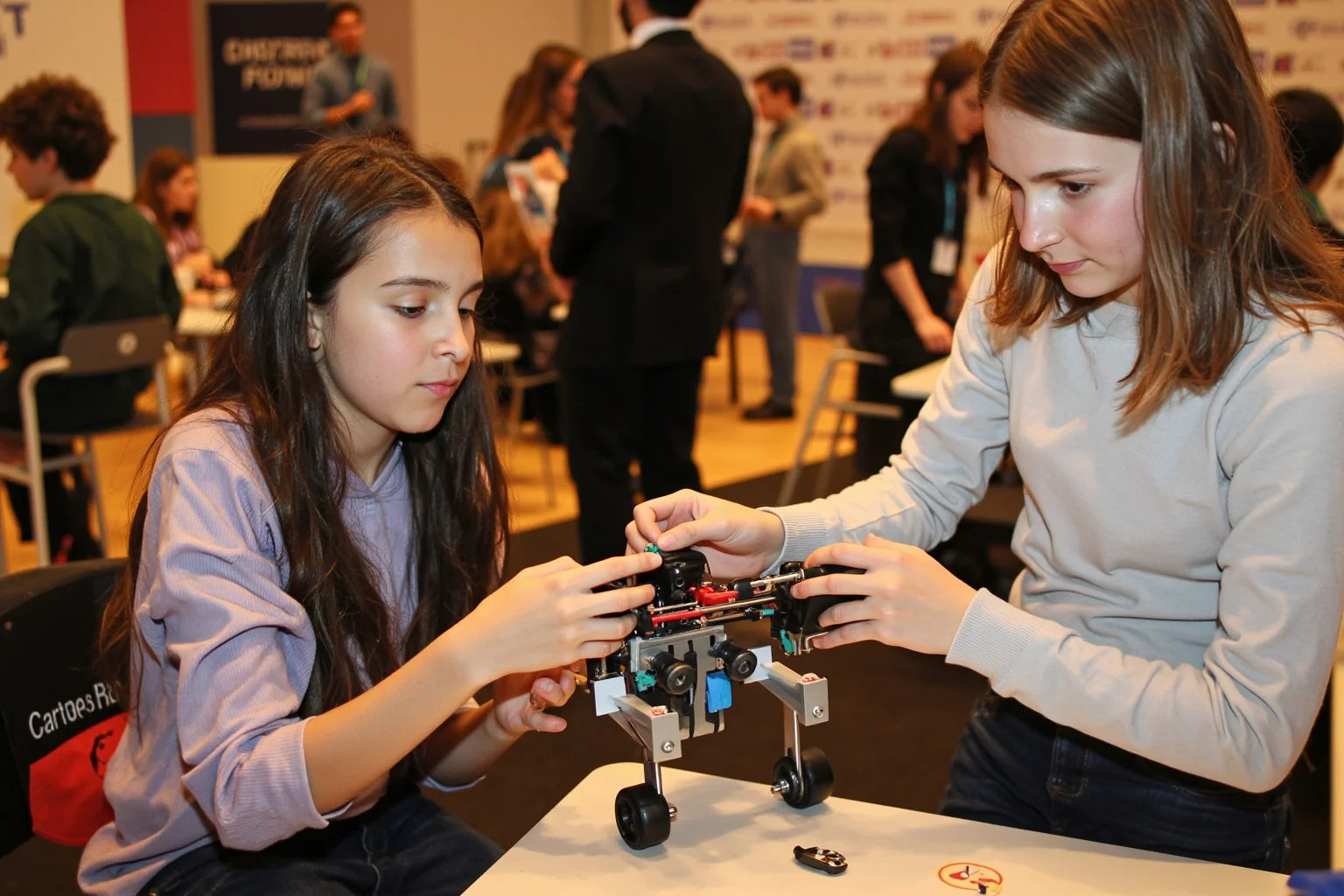 The Greatest Underdog Stories in History: 20 Unlikely Wins That Still Inspire 16 Teenage girls assembling a small robot in a workshop, international robotics competition atmosphere, warm lighting, no identifiable faces.