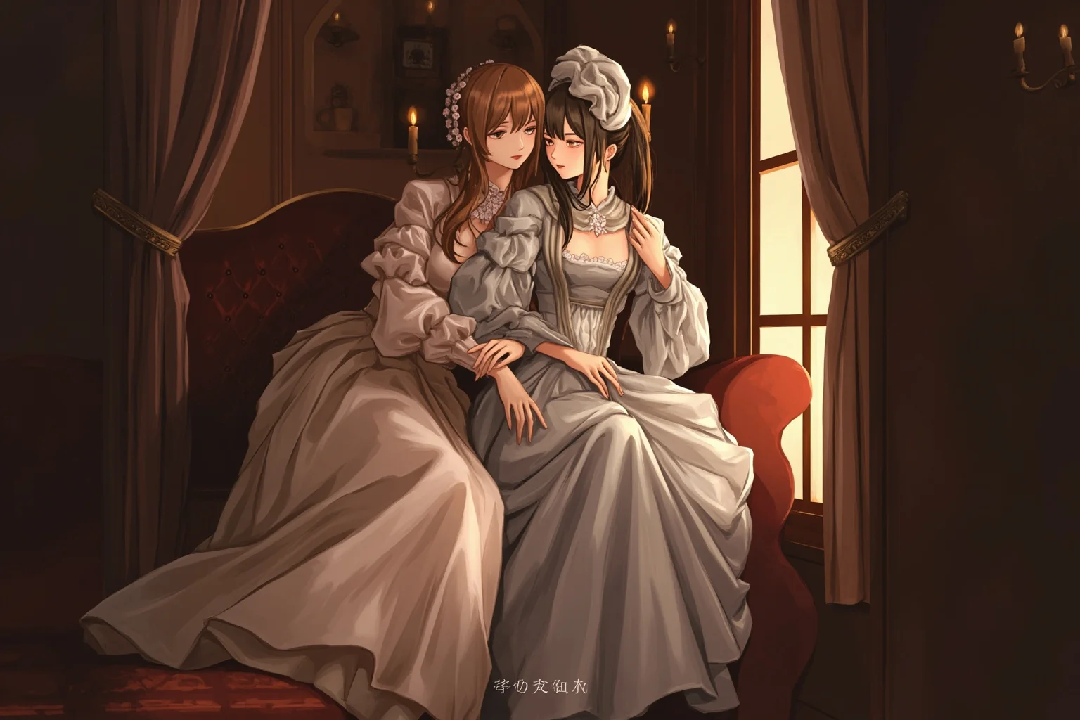 Tender, tasteful illustration of two noblewomen in a candlelit baroque salon seated close together, period gowns, soft light