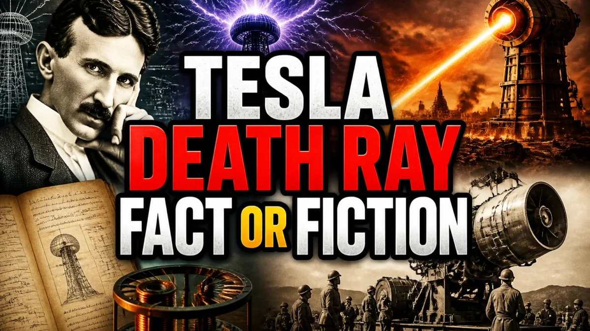 A bold, high-impact blog featured image in the style of a professional YouTube thumbnail or documentary poster. Create a dramatic photo-collage montage of 3-5 distinct historical scenes, subjects, or artifacts directly relevant to "Tesla's Death Ray: Fact or Fiction?" — vivid, cinematic documentary-photography style, rich color grading, high contrast, dynamic diagonal composition blending the scenes together. Overlay a large, bold, stacked headline of text on top reading exactly: "TESLA DEATH RAY FACT OR FICTION". Render the headline in a heavy, condensed, high-contrast font with a black outline/stroke for legibility, mixing white text with a single vibrant accent color (gold, red, or orange) on the most important word or phrase for emphasis, spelled correctly. The headline text must be the dominant visual element — large, bold, and easy to read even at small thumbnail size. Vibrant, punchy, professional commercial photography and graphic-design composition. 16:9 landscape. Keep the headline text within the vertical center safe zone, away from the very top and bottom edges of the frame, since the image may be cropped afterward. No watermarks, no logos, no extra captions or invented text beyond the headline itself.