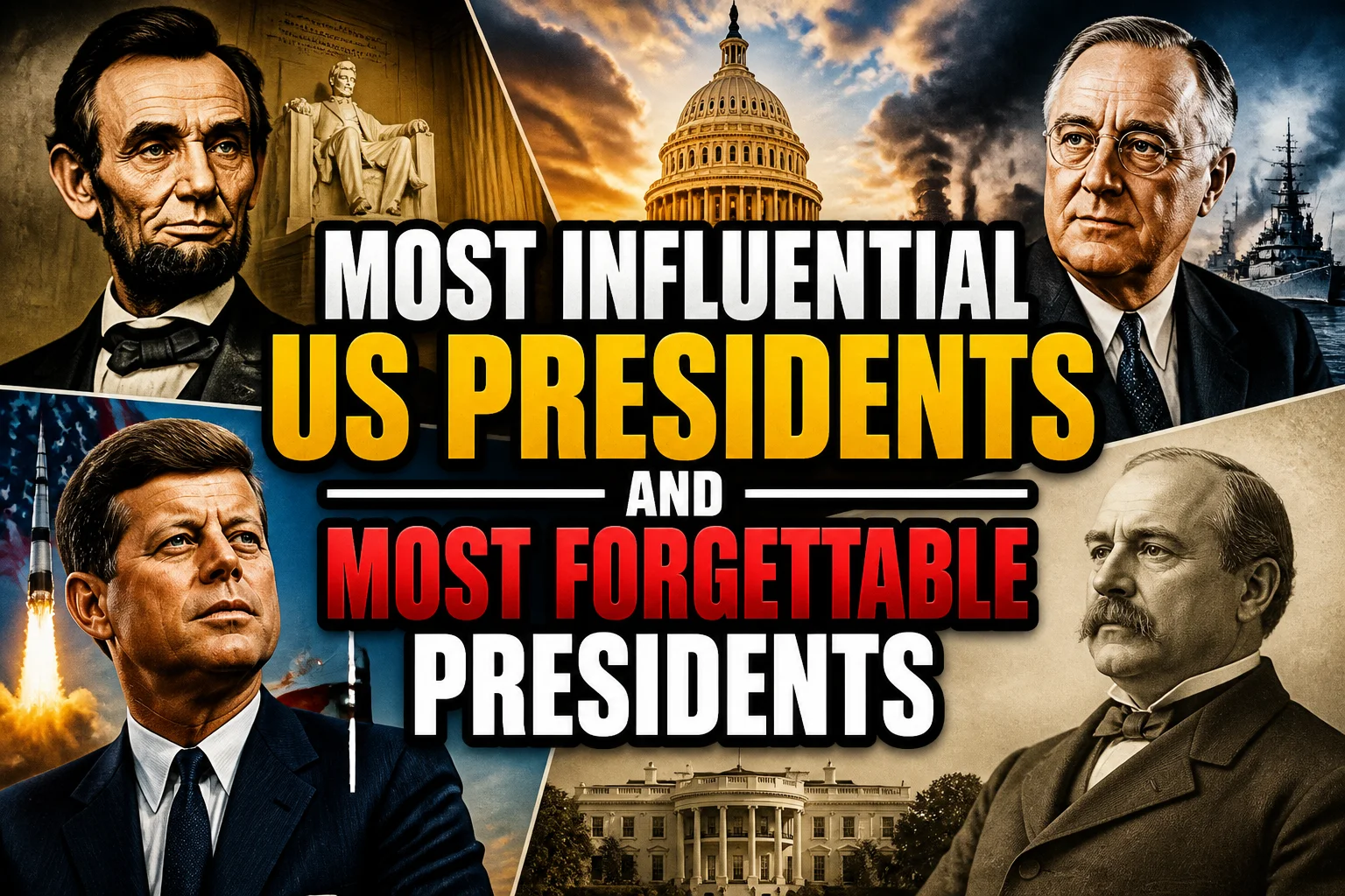 A bold, high-impact blog featured image in the style of a professional YouTube thumbnail or documentary poster. Create a dramatic photo-collage montage of 3-5 distinct historical scenes, subjects, or artifacts directly relevant to "The 10 Most Influential US Presidents and 10 Forgettable Ones Who Still Mattered" — vivid, cinematic documentary-photography style, rich color grading, high contrast, dynamic diagonal composition blending the scenes together. Overlay a large, bold, stacked headline of text on top reading exactly: "MOST INFLUENTIAL US PRESIDENTS AND MOST FORGETTABLE PRESIDENTS". Render the headline in a heavy, condensed, high-contrast font with a black outline/stroke for legibility, mixing white text with a single vibrant accent color (gold, red, or orange) on the most important word or phrase for emphasis, spelled correctly. The headline text must be the dominant visual element — large, bold, and easy to read even at small thumbnail size. Vibrant, punchy, professional commercial photography and graphic-design composition. 16:9 landscape. Keep the headline text within the vertical center safe zone, away from the very top and bottom edges of the frame, since the image may be cropped afterward. No watermarks, no logos, no extra captions or invented text beyond the headline itself.