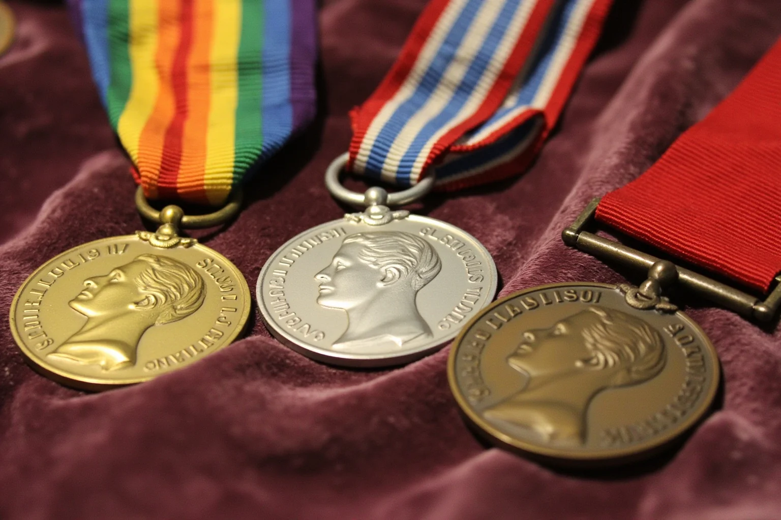 The Weird History of Olympic Medal Designs 3 The 1904 St. Louis Olympic gold, silver, and bronze medals displayed on a velvet cloth.