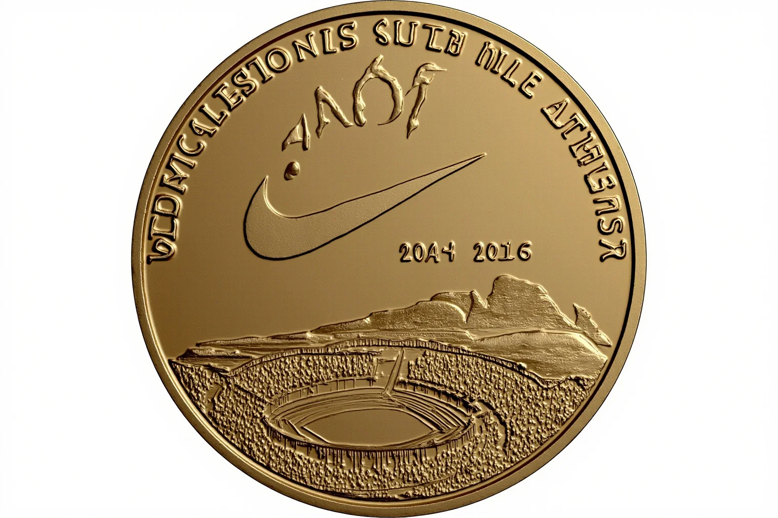 The Weird History of Olympic Medal Designs 12 The 2004 Athens Olympic medal featuring Nike flying into the Panathenaic Stadium.