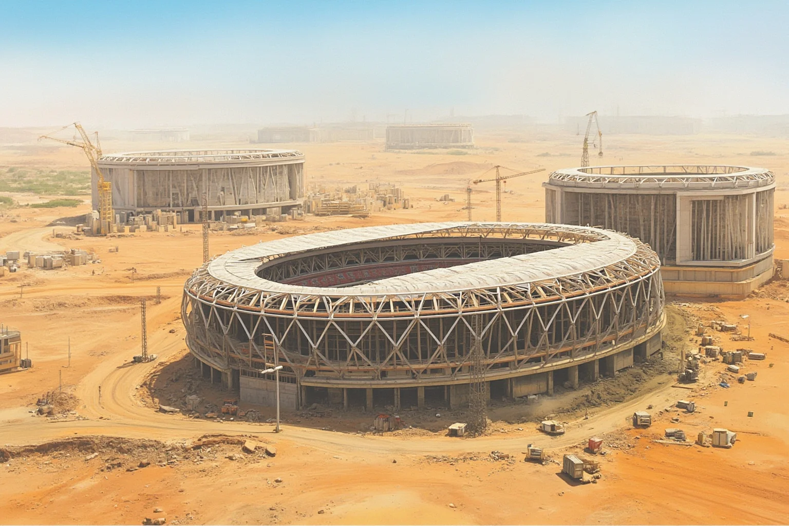 Why Monumental Architecture Usually Comes With a Brutal Human Cost 21 The 2022 FIFA World Cup stadiums in Qatar under construction, with migrant workers in extreme heat, modern stadium architecture, realistic historical illustration.
