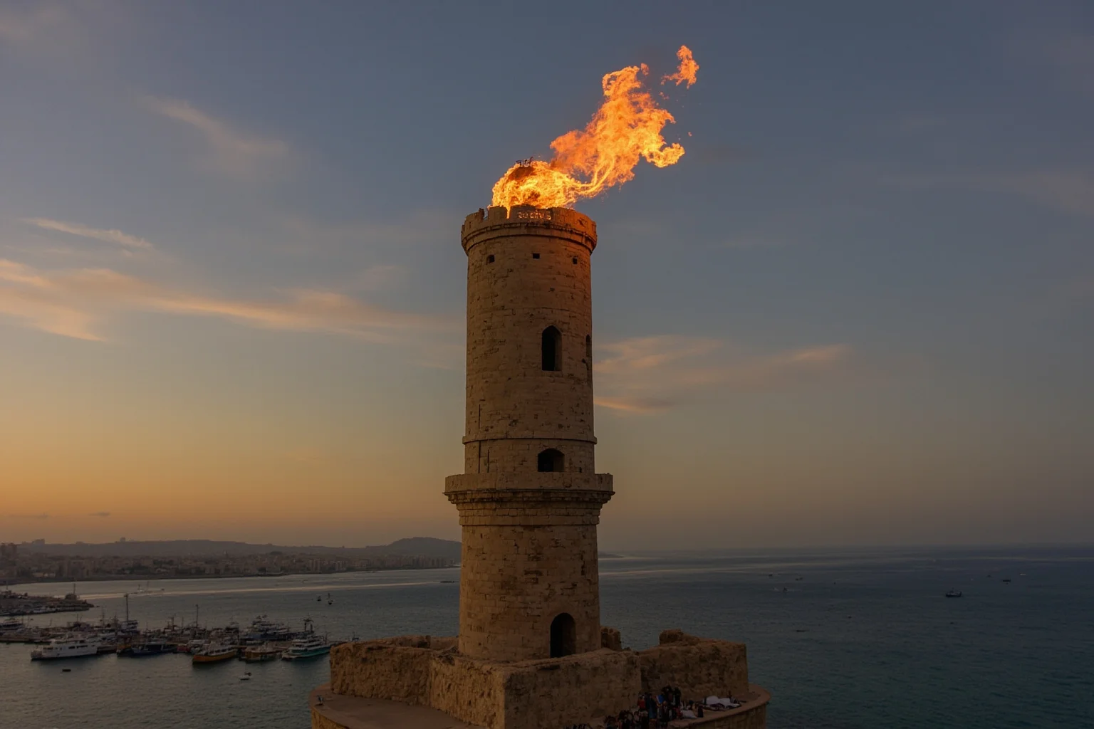 The ancient Pharos lighthouse of Alexandria with a fire burning on top above a busy harbor