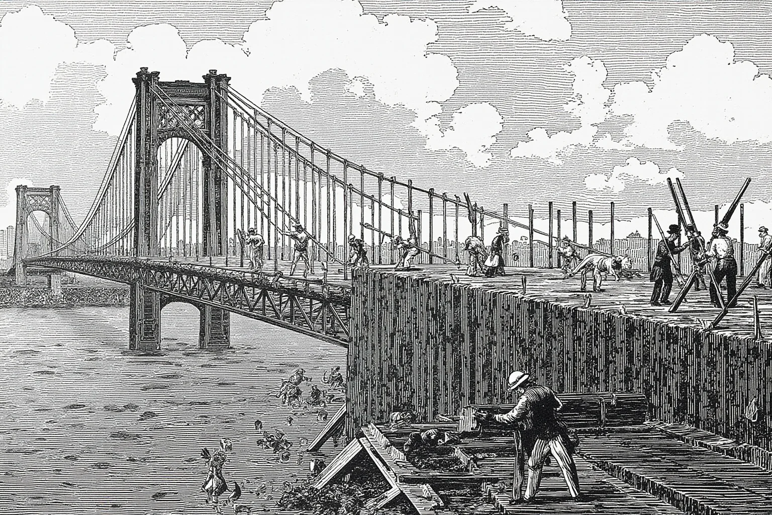 Why Monumental Architecture Usually Comes With a Brutal Human Cost 14 The Brooklyn Bridge under construction, with workers in caissons and on suspension cables, 19th century New York, dangerous conditions, realistic historical illustration.