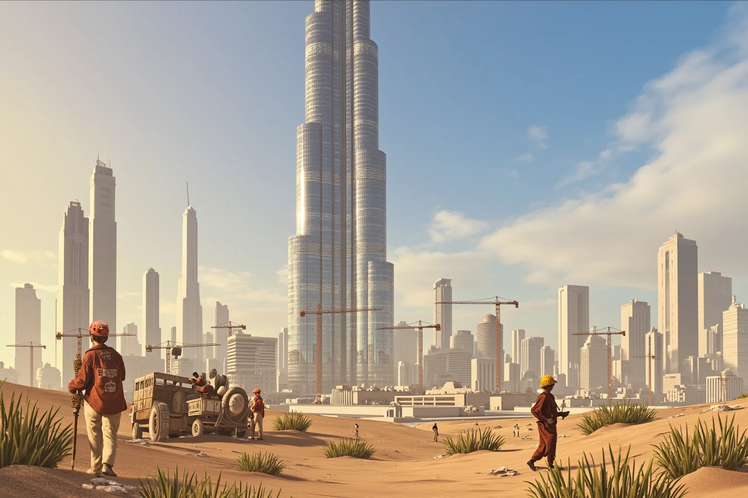 Why Monumental Architecture Usually Comes With a Brutal Human Cost 17 The Burj Khalifa under construction in Dubai, with migrant workers in extreme heat, modern skyscraper, cranes, realistic historical illustration.