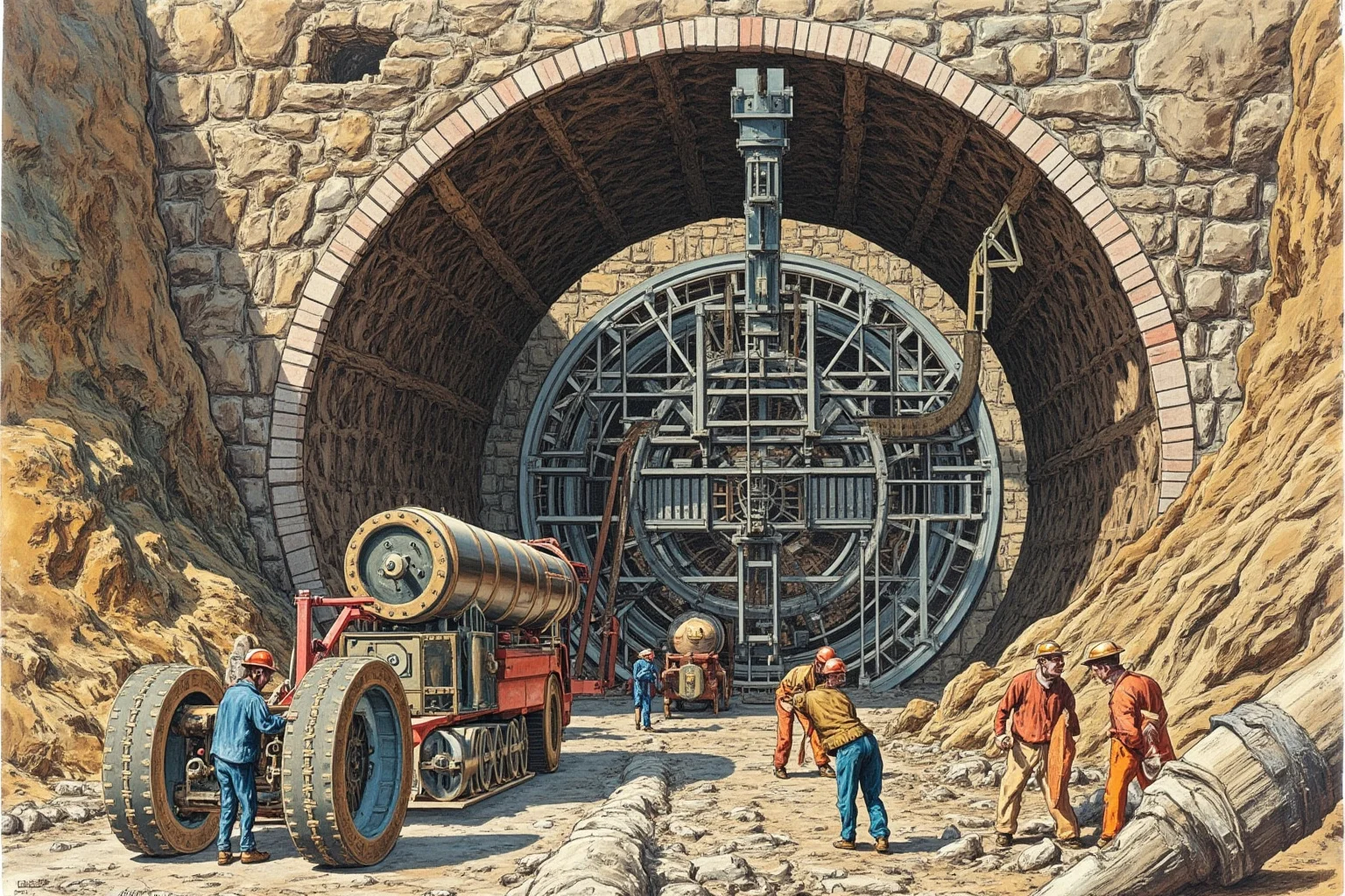Why Monumental Architecture Usually Comes With a Brutal Human Cost 19 The Channel Tunnel under construction, with workers and tunnel boring machines deep underground, 1990s, realistic historical illustration.