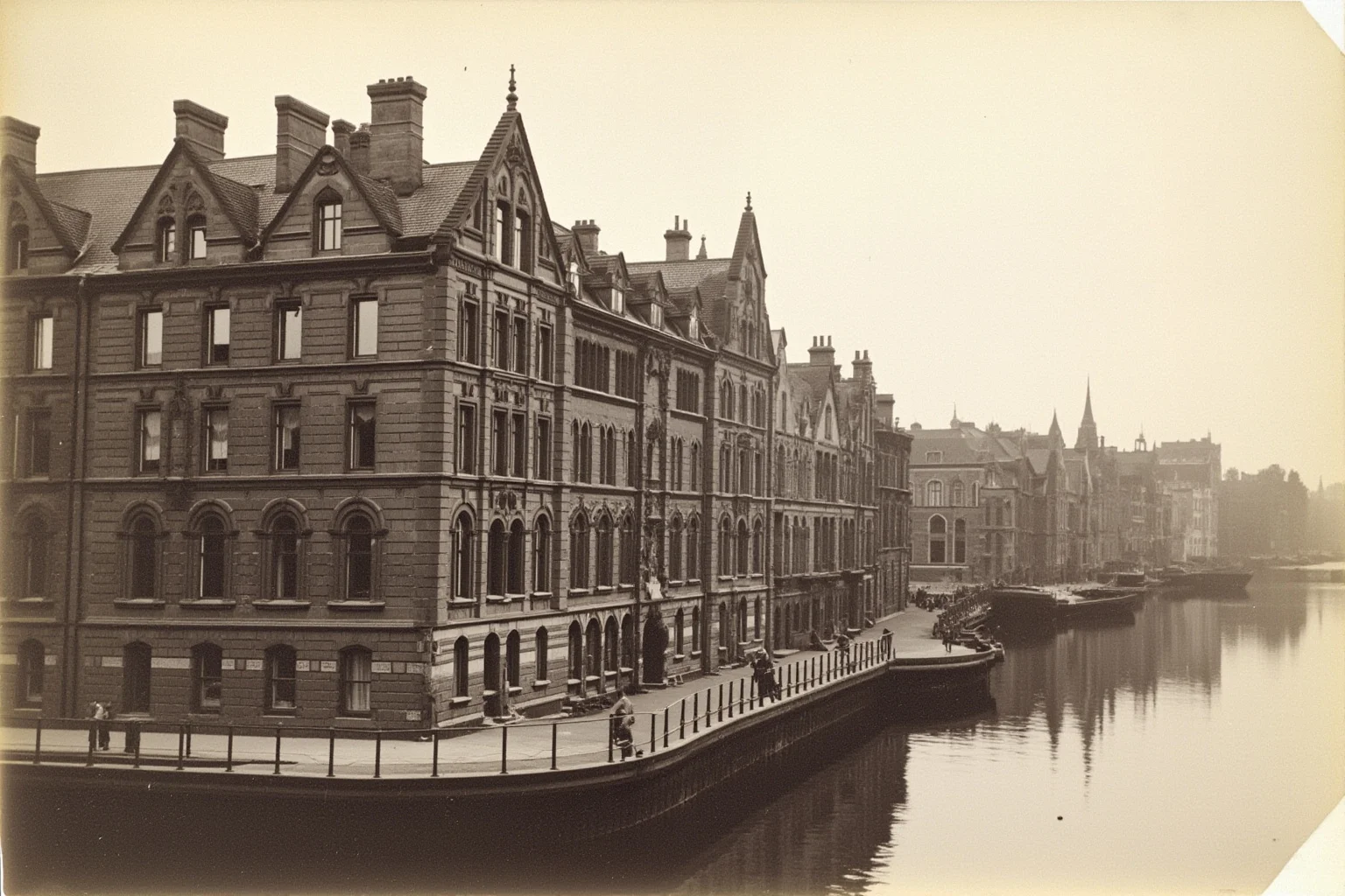 Old Money: 24 Hidden Dynasties That Shaped the Course of History 10 The Cologne Rhine waterfront in the 1800s with grand stone townhouses and a private bank entrance, calm river reflection, no people, archival photography aesthetic.