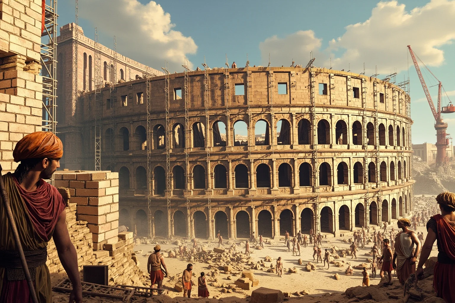 Why Monumental Architecture Usually Comes With a Brutal Human Cost 3 The Colosseum in Rome under construction, with Jewish slaves and Roman engineers working on scaffolding, cranes lifting stones, dusty and bustling, realistic historical illustration.