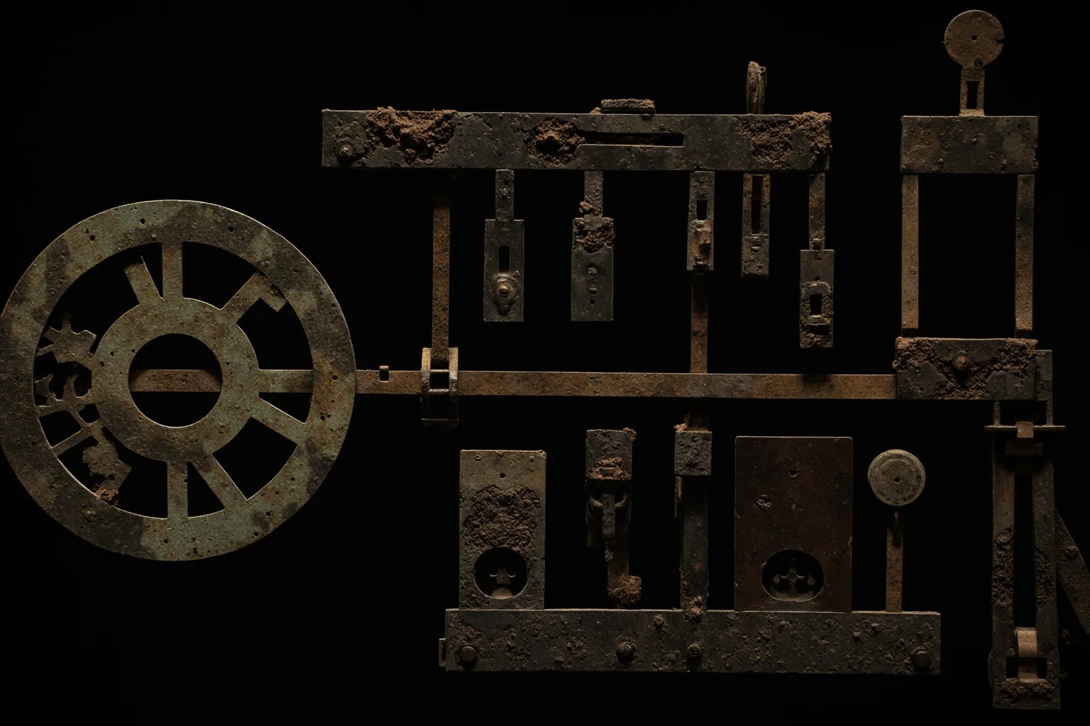 The corroded bronze fragments of the Antikythera mechanism displayed on a dark museum background
