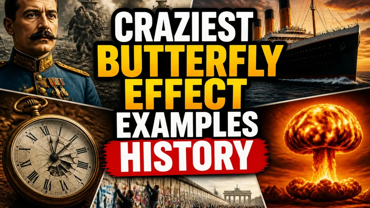 A bold, high-impact blog featured image in the style of a professional YouTube thumbnail or documentary poster. Create a dramatic photo-collage montage of 3-5 distinct historical scenes, subjects, or artifacts directly relevant to "The Craziest Examples of the Butterfly Effect Throughout History" — vivid, cinematic documentary-photography style, rich color grading, high contrast, dynamic diagonal composition blending the scenes together. Overlay a large, bold, stacked headline of text on top reading exactly: "CRAZIEST BUTTERFLY EFFECT EXAMPLES HISTORY". Render the headline in a heavy, condensed, high-contrast font with a black outline/stroke for legibility, mixing white text with a single vibrant accent color (gold, red, or orange) on the most important word or phrase for emphasis, spelled correctly. The headline text must be the dominant visual element — large, bold, and easy to read even at small thumbnail size. Vibrant, punchy, professional commercial photography and graphic-design composition. 16:9 landscape. Keep the headline text within the vertical center safe zone, away from the very top and bottom edges of the frame, since the image may be cropped afterward. No watermarks, no logos, no extra captions or invented text beyond the headline itself.