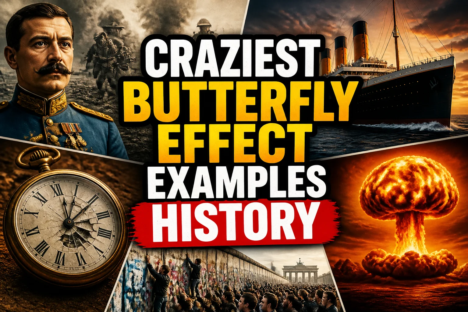 The Craziest Examples of the Butterfly Effect Throughout History 2 A bold, high-impact blog featured image in the style of a professional YouTube thumbnail or documentary poster. Create a dramatic photo-collage montage of 3-5 distinct historical scenes, subjects, or artifacts directly relevant to "The Craziest Examples of the Butterfly Effect Throughout History" — vivid, cinematic documentary-photography style, rich color grading, high contrast, dynamic diagonal composition blending the scenes together. Overlay a large, bold, stacked headline of text on top reading exactly: "CRAZIEST BUTTERFLY EFFECT EXAMPLES HISTORY". Render the headline in a heavy, condensed, high-contrast font with a black outline/stroke for legibility, mixing white text with a single vibrant accent color (gold, red, or orange) on the most important word or phrase for emphasis, spelled correctly. The headline text must be the dominant visual element — large, bold, and easy to read even at small thumbnail size. Vibrant, punchy, professional commercial photography and graphic-design composition. 16:9 landscape. Keep the headline text within the vertical center safe zone, away from the very top and bottom edges of the frame, since the image may be cropped afterward. No watermarks, no logos, no extra captions or invented text beyond the headline itself.