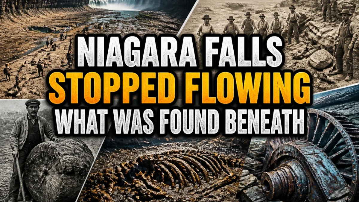 A bold, high-impact blog featured image in the style of a professional YouTube thumbnail or documentary poster. Create a dramatic photo-collage montage of 3-5 distinct historical scenes, subjects, or artifacts directly relevant to "The Day Niagara Falls Stopped Flowing: What Was Found Beneath" — vivid, cinematic documentary-photography style, rich color grading, high contrast, dynamic diagonal composition blending the scenes together. Overlay a large, bold, stacked headline of text on top reading exactly: "NIAGARA FALLS STOPPED FLOWING WHAT WAS FOUND BENEATH". Render the headline in a heavy, condensed, high-contrast font with a black outline/stroke for legibility, mixing white text with a single vibrant accent color (gold, red, or orange) on the most important word or phrase for emphasis, spelled correctly. The headline text must be the dominant visual element — large, bold, and easy to read even at small thumbnail size. Vibrant, punchy, professional commercial photography and graphic-design composition. 16:9 landscape. Keep the headline text within the vertical center safe zone, away from the very top and bottom edges of the frame, since the image may be cropped afterward. No watermarks, no logos, no extra captions or invented text beyond the headline itself.
