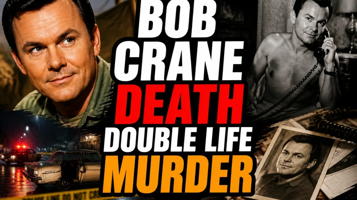 A bold, high-impact blog featured image in the style of a professional YouTube thumbnail or documentary poster. Create a dramatic photo-collage montage of 3-5 distinct historical scenes, subjects, or artifacts directly relevant to "The Double Life and Disturbing Death of Bob Crane" — vivid, cinematic documentary-photography style, rich color grading, high contrast, dynamic diagonal composition blending the scenes together. Overlay a large, bold, stacked headline of text on top reading exactly: "BOB CRANE DEATH DOUBLE LIFE MURDER". Render the headline in a heavy, condensed, high-contrast font with a black outline/stroke for legibility, mixing white text with a single vibrant accent color (gold, red, or orange) on the most important word or phrase for emphasis, spelled correctly. The headline text must be the dominant visual element — large, bold, and easy to read even at small thumbnail size. Vibrant, punchy, professional commercial photography and graphic-design composition. 16:9 landscape. Keep the headline text within the vertical center safe zone, away from the very top and bottom edges of the frame, since the image may be cropped afterward. No watermarks, no logos, no extra captions or invented text beyond the headline itself.
