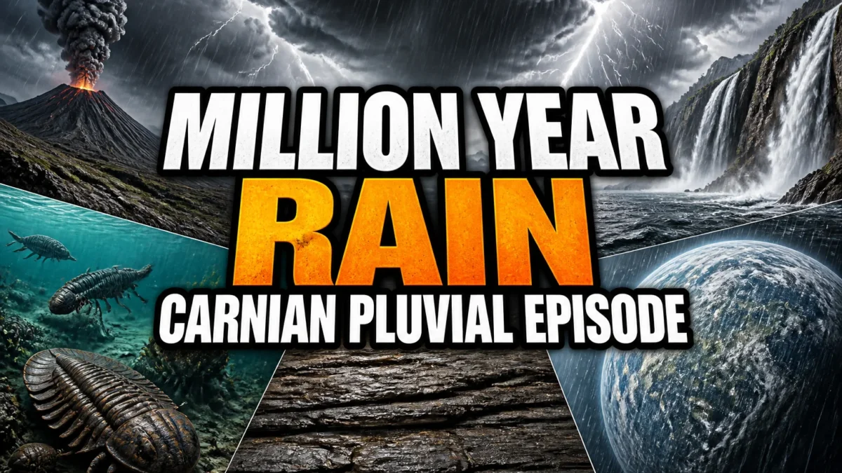 A bold, high-impact blog featured image in the style of a professional YouTube thumbnail or documentary poster. Create a dramatic photo-collage montage of 3-5 distinct historical scenes, subjects, or artifacts directly relevant to "The Earth Once Experienced One Million Years Of Nonstop Rain" — vivid, cinematic documentary-photography style, rich color grading, high contrast, dynamic diagonal composition blending the scenes together. Overlay a large, bold, stacked headline of text on top reading exactly: "MILLION YEAR RAIN CARNIAN PLUVIAL EPISODE". Render the headline in a heavy, condensed, high-contrast font with a black outline/stroke for legibility, mixing white text with a single vibrant accent color (gold, red, or orange) on the most important word or phrase for emphasis, spelled correctly. The headline text must be the dominant visual element — large, bold, and easy to read even at small thumbnail size. Vibrant, punchy, professional commercial photography and graphic-design composition. 16:9 landscape. Keep the headline text within the vertical center safe zone, away from the very top and bottom edges of the frame, since the image may be cropped afterward. No watermarks, no logos, no extra captions or invented text beyond the headline itself.