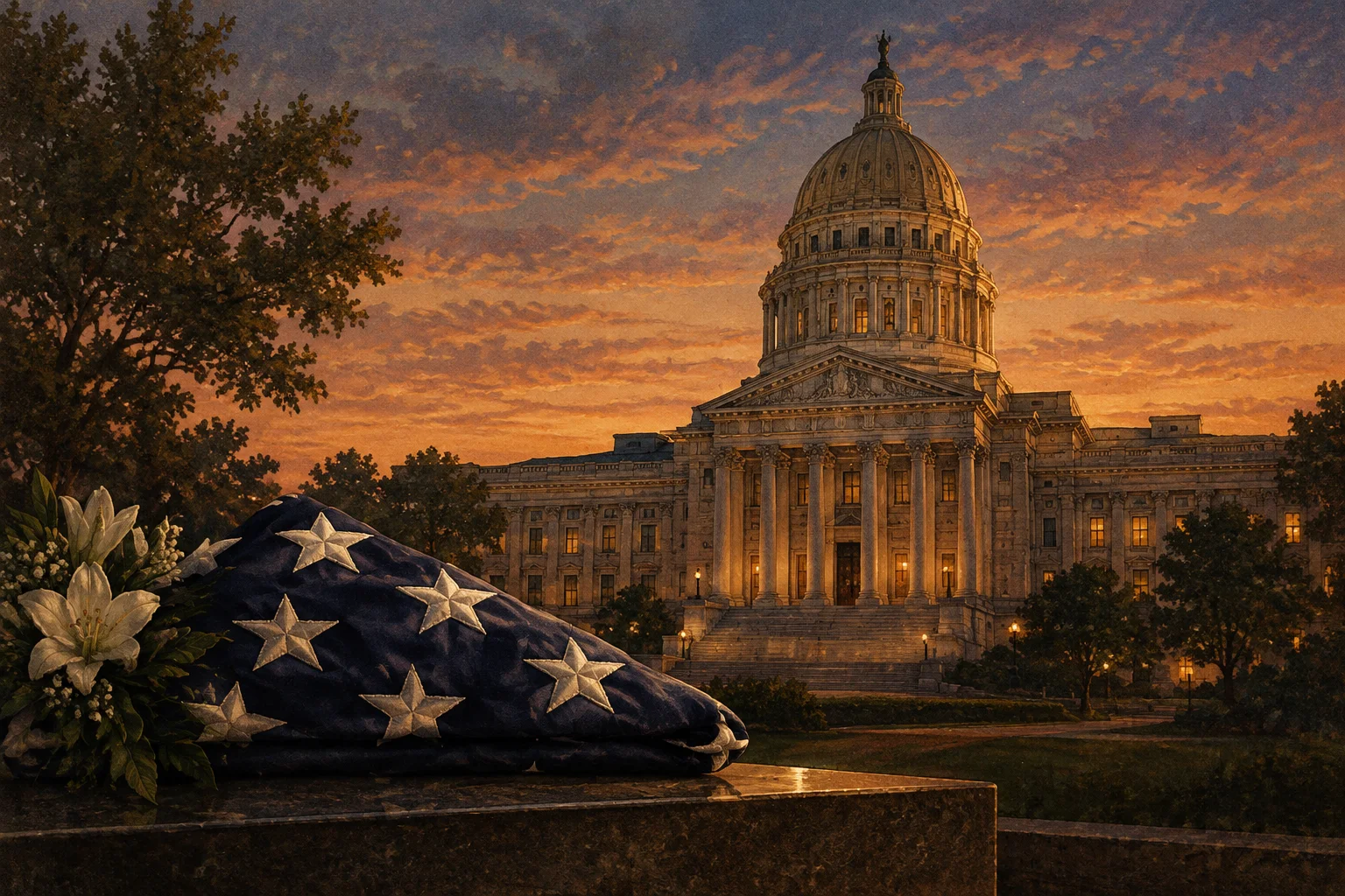 The Election Decided By A Dead Man: The True Story of Missouri's 2000 Senate Race 2 A vintage-style illustration of a Missouri state capitol building at dusk with a folded American flag, symbolizing a fallen governor, no recognizable faces.