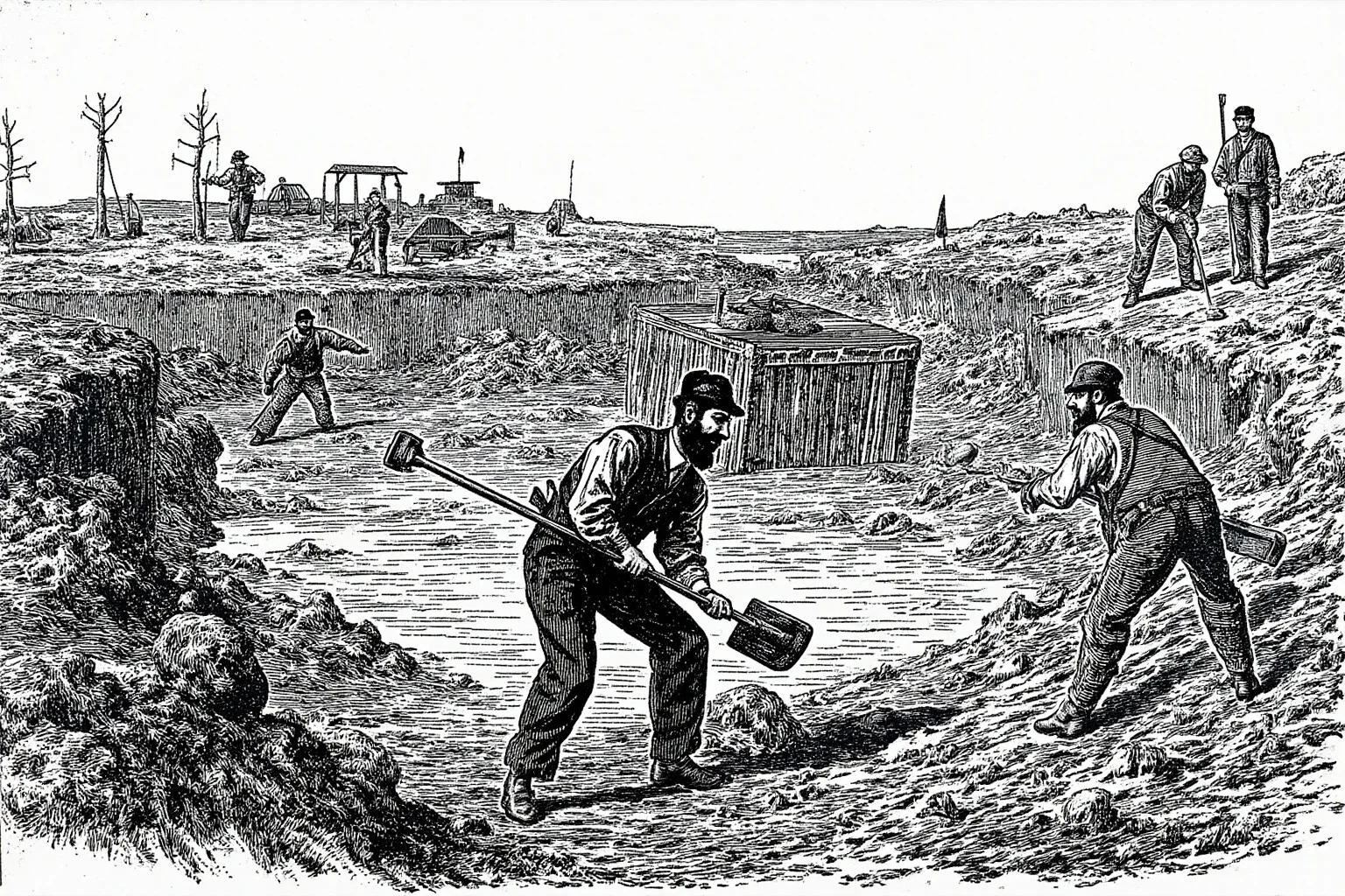 Why Monumental Architecture Usually Comes With a Brutal Human Cost 12 The Erie Canal under construction, with Irish immigrant workers digging with shovels, muddy terrain, 19th century New York, realistic historical illustration.