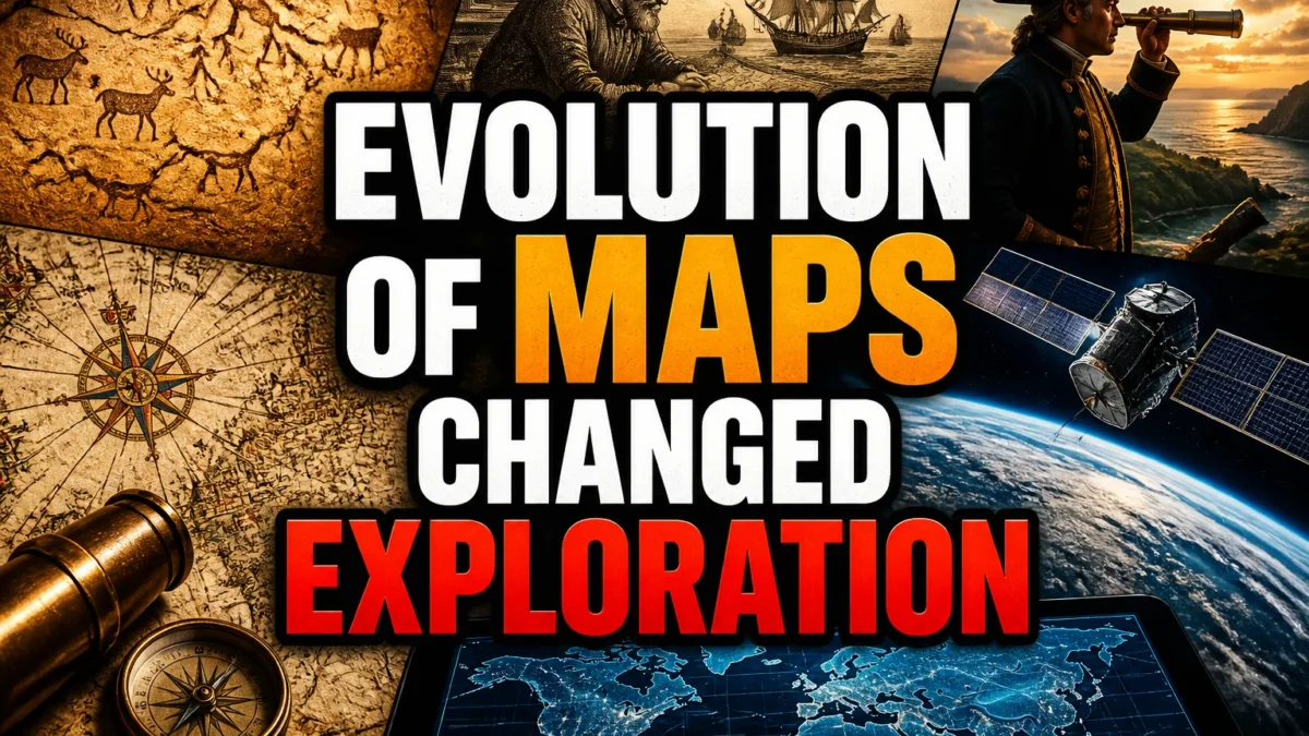 A bold, high-impact blog featured image in the style of a professional YouTube thumbnail or documentary poster. Create a dramatic photo-collage montage of 3-5 distinct historical scenes, subjects, or artifacts directly relevant to "The Evolution of Maps and How They Changed Exploration" — vivid, cinematic documentary-photography style, rich color grading, high contrast, dynamic diagonal composition blending the scenes together. Overlay a large, bold, stacked headline of text on top reading exactly: "EVOLUTION OF MAPS CHANGED EXPLORATION". Render the headline in a heavy, condensed, high-contrast font with a black outline/stroke for legibility, mixing white text with a single vibrant accent color (gold, red, or orange) on the most important word or phrase for emphasis, spelled correctly. The headline text must be the dominant visual element — large, bold, and easy to read even at small thumbnail size. Vibrant, punchy, professional commercial photography and graphic-design composition. 16:9 landscape. Keep the headline text within the vertical center safe zone, away from the very top and bottom edges of the frame, since the image may be cropped afterward. No watermarks, no logos, no extra captions or invented text beyond the headline itself.