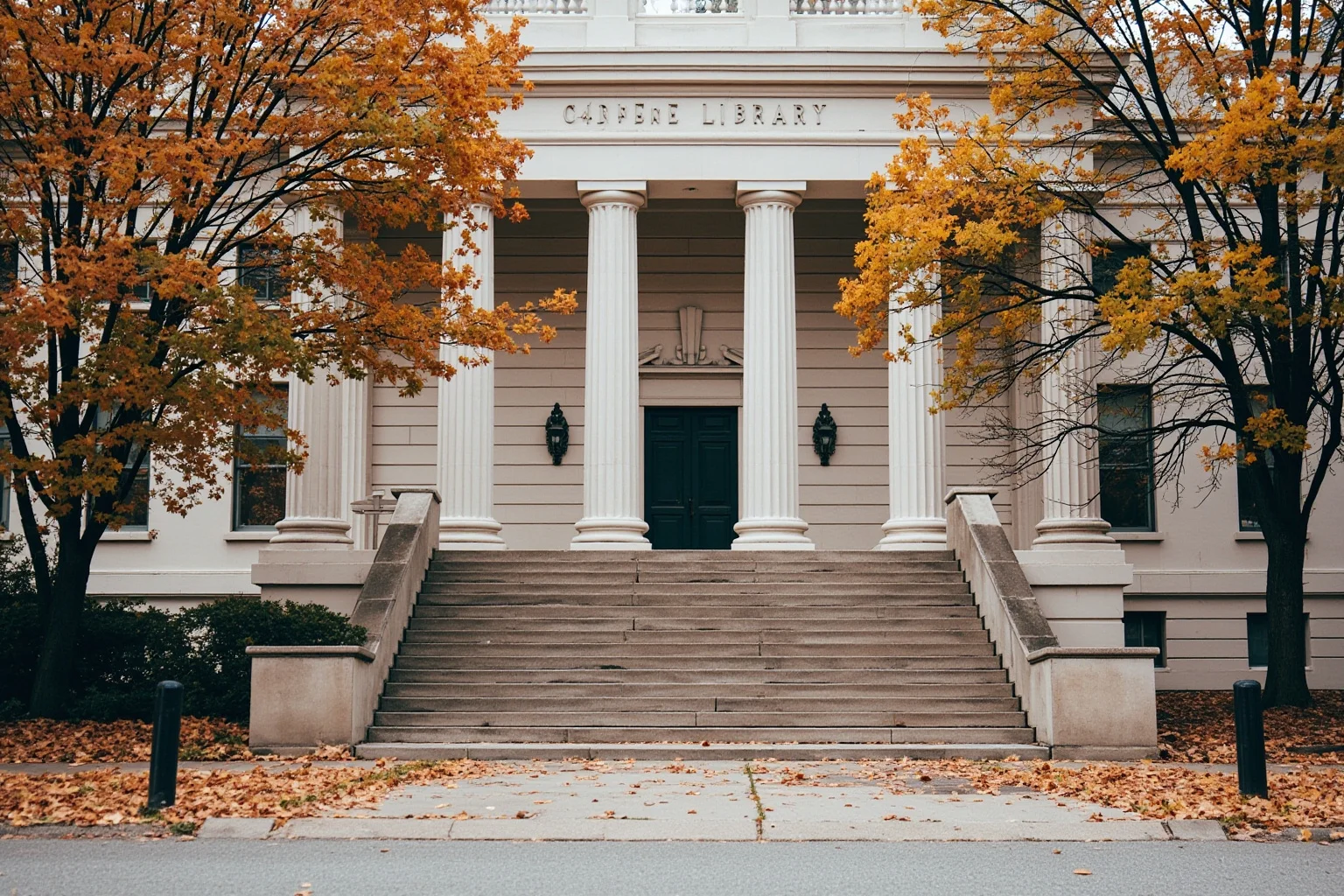 Old Money: 24 Hidden Dynasties That Shaped the Course of History 24 The facade of a Carnegie public library with classical columns and a stone entrance stair, autumn trees on either side, no people, architectural photography.