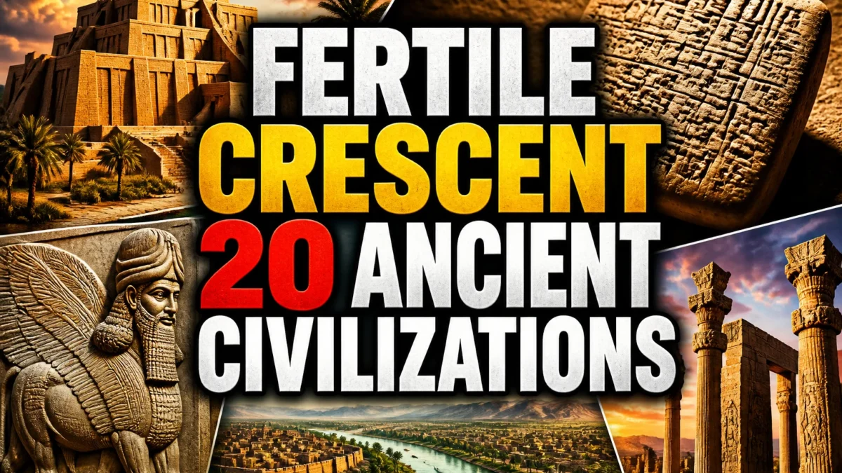 A bold, high-impact blog featured image in the style of a professional YouTube thumbnail or documentary poster. Create a dramatic photo-collage montage of 3-5 distinct historical scenes, subjects, or artifacts directly relevant to "The Fertile Crescent: 20 Ancient Civilizations That Started Society As We Know It" — vivid, cinematic documentary-photography style, rich color grading, high contrast, dynamic diagonal composition blending the scenes together. Overlay a large, bold, stacked headline of text on top reading exactly: "FERTILE CRESCENT 20 ANCIENT CIVILIZATIONS". Render the headline in a heavy, condensed, high-contrast font with a black outline/stroke for legibility, mixing white text with a single vibrant accent color (gold, red, or orange) on the most important word or phrase for emphasis, spelled correctly. The headline text must be the dominant visual element — large, bold, and easy to read even at small thumbnail size. Vibrant, punchy, professional commercial photography and graphic-design composition. 16:9 landscape. Keep the headline text within the vertical center safe zone, away from the very top and bottom edges of the frame, since the image may be cropped afterward. No watermarks, no logos, no extra captions or invented text beyond the headline itself.